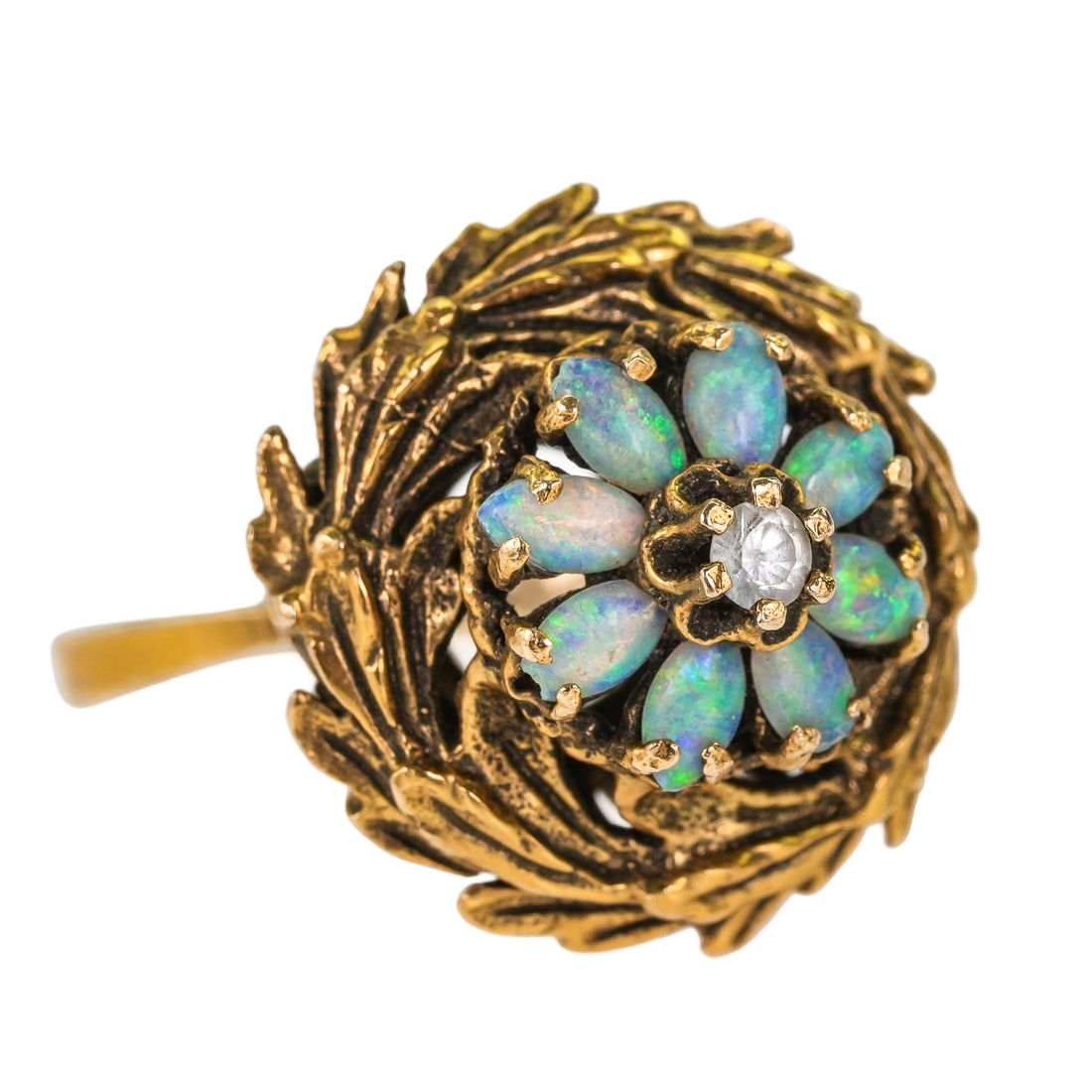 14k Diamond & Opal Ring: 14k yellow gold ring with a wreath design having a center .1 ct round cut diamond with 8 oval opals in surround. Ring size 5 (sizer). 9 grams t.w.