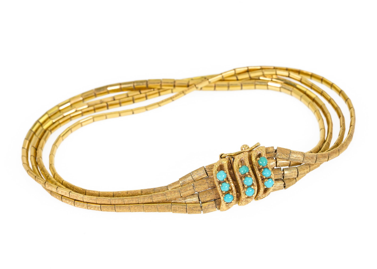18k & Turquoise Bracelet: 18k yellow gold bracelet with 4 strands having a clasp with 9 small Turquoise beads. 7 1/4" long. Marked 750. 28 grams t.w.