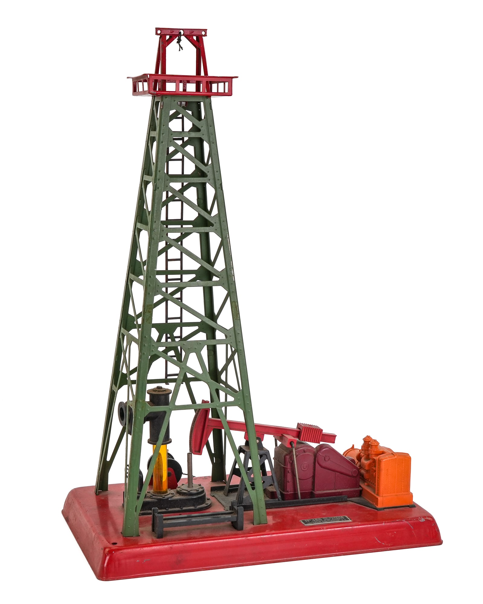 Lionel No. 455 Oil Derrick and Pumper: Lionel No. 455 Oil Derrick and Pumper, steel and plastic (red top version), ht 14", base 10" x 5 1/2"
