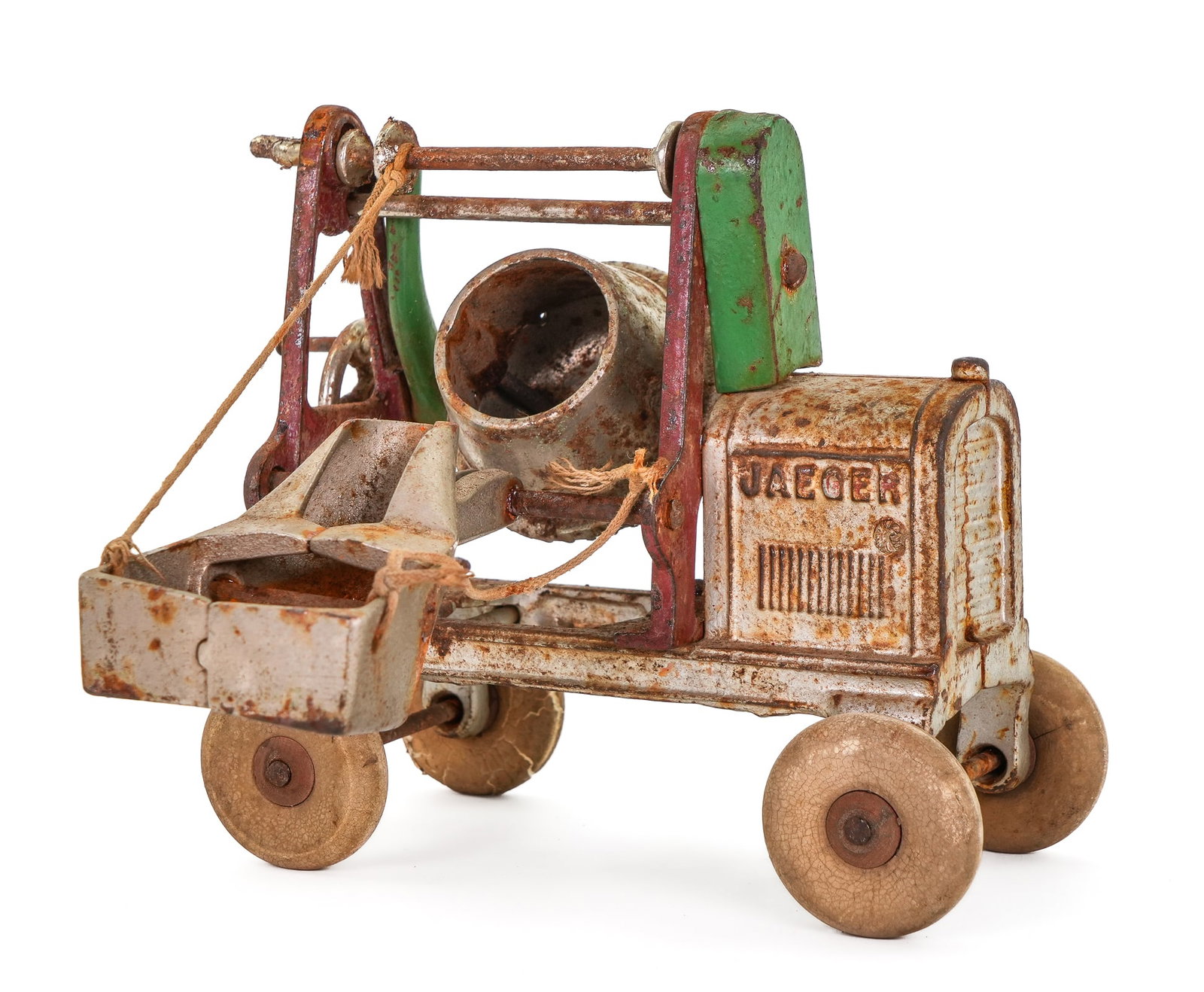 Kenton Cast Iron Jaeger Cement Mixer: Kenton toy cast iron Jaeger cement mixer, as found, some oxidation, length 7", ht 7" width 3 1/2"