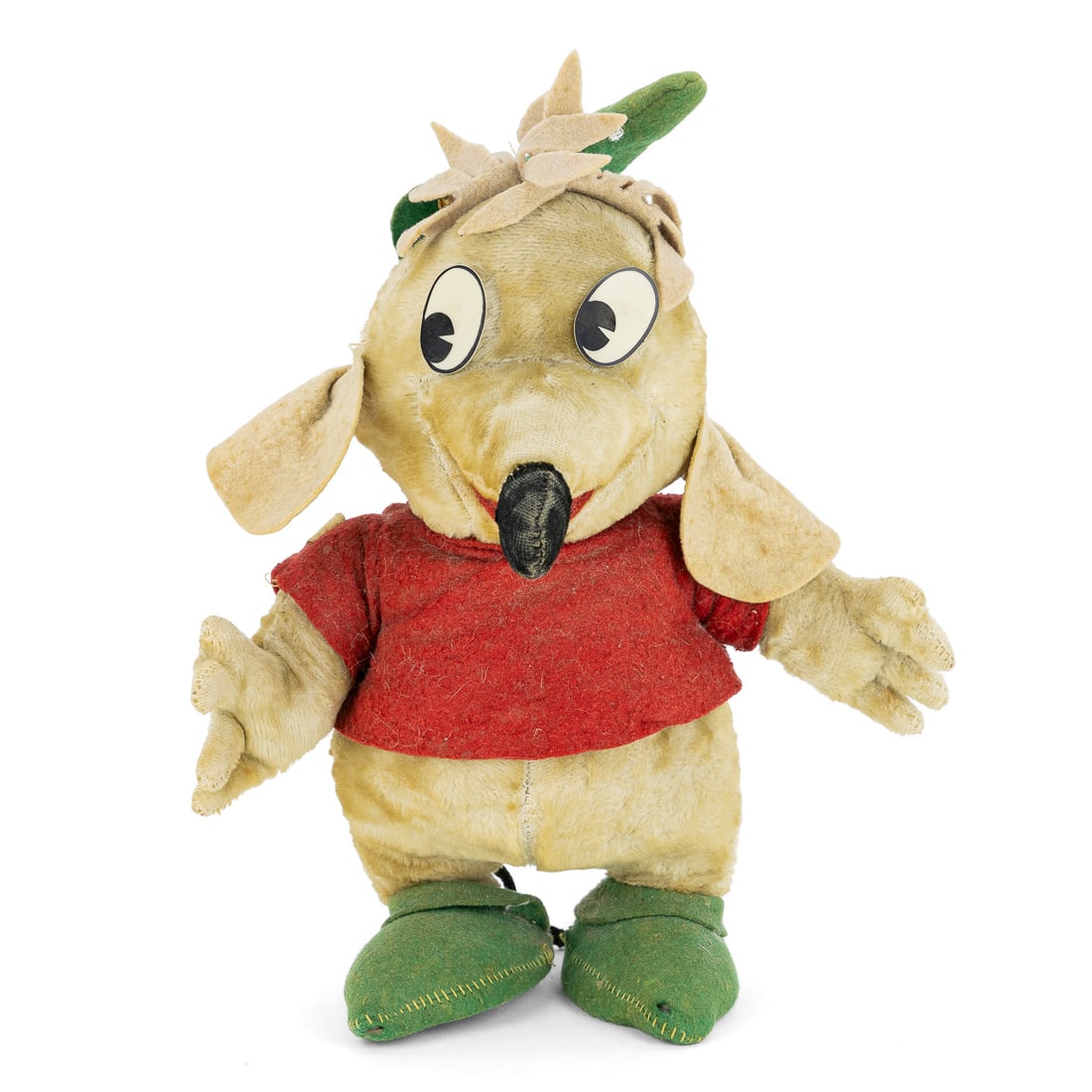 1950 Disney Gund Gus the Mouse: 1950 Gund Disney Gus the Mouse plush toy from the movie "Cinderella", shows some wear on nose, small hole in felt shoe from underwire rub, small tear at back of hat, ht 12"