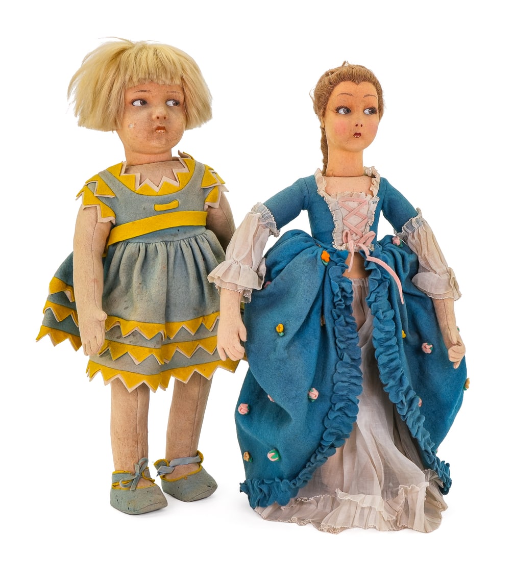 1930's Italian Lenci Cloth Dolls: Two 1930's Italian Lenci cloth dolls- 21" blonde girl (few small holes in felt), sold with a Lenci Lady Mold 165 (feet missing)
