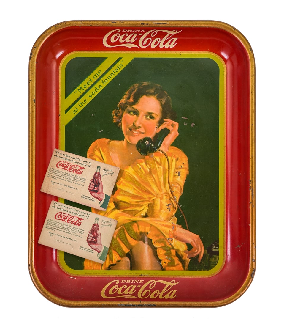 1930 Coca Cola Tray and Coupons: 1930 Coca Cola tin litho tray "Meet me at the soda fountain" (few small dings), sold with two coupons for a free bottle, 10 1/2" x 13" x 1 1/2"