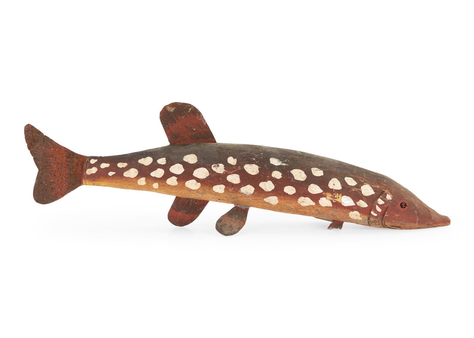 Large Folky Carved Wooden Fish: Large carved and painted tin and wooden fish, missing fin, pc of fin, length 27" x 8" x 3 1/2"