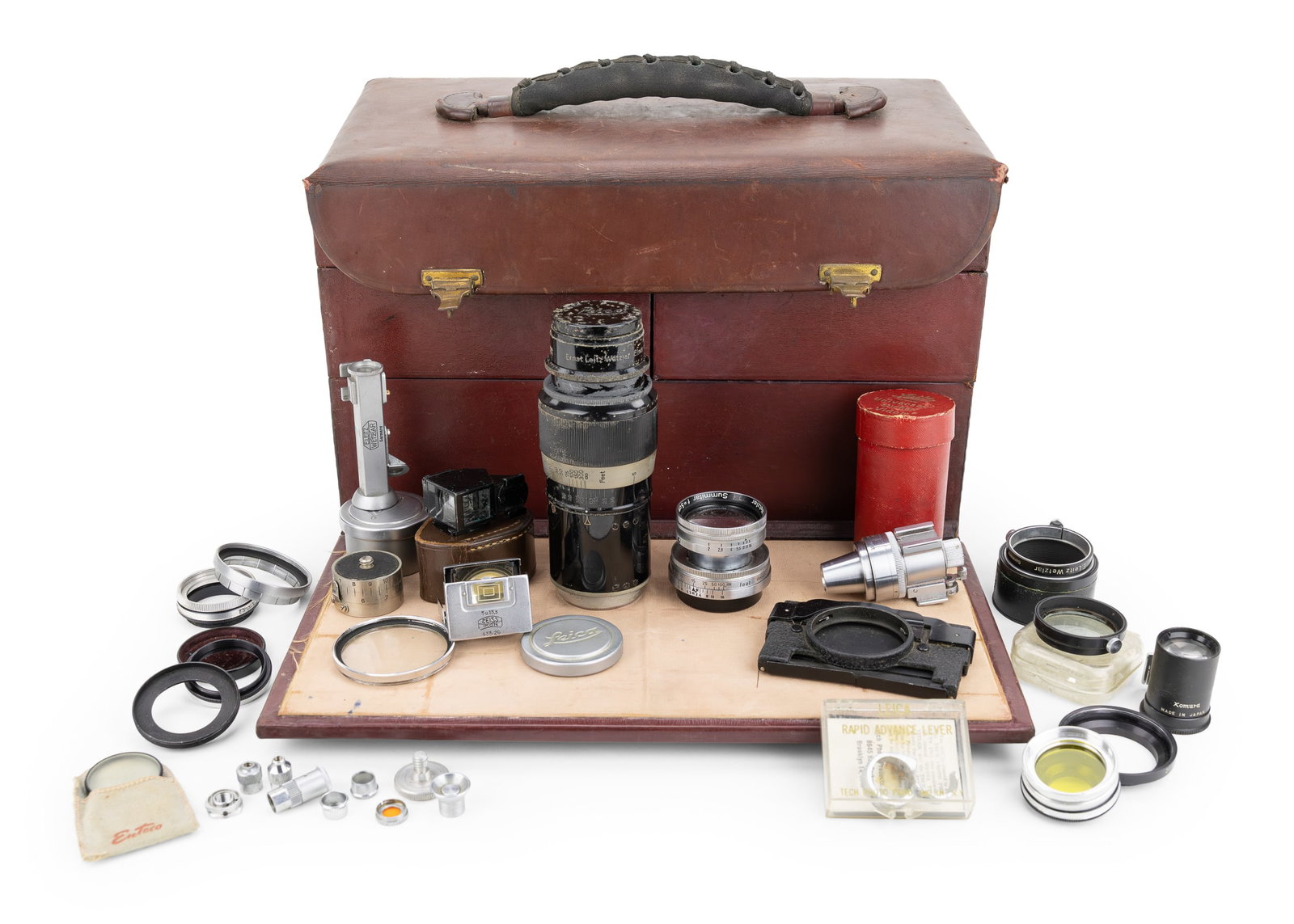 Leica Vintage Camera Case With Lens & Parts: Vintage Leica leather case with lift top 4 swing out shelves. Case comes with Leica 1:4,5f=135mm telescopic lens, Summitar f=5cm 1:2 Nr.930890 lens in original leather case, Leitz Universal Sucher