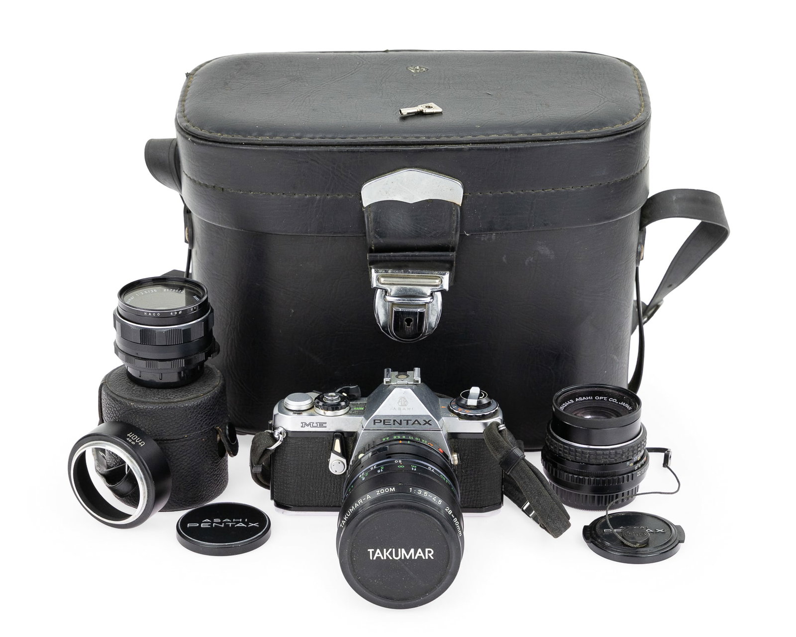 Pentax Asahi Camera: Vintage Pentax Asahi ME camera with Takumar-A zoom lens, and 2 other Pentax lens all in black leather carrying case.