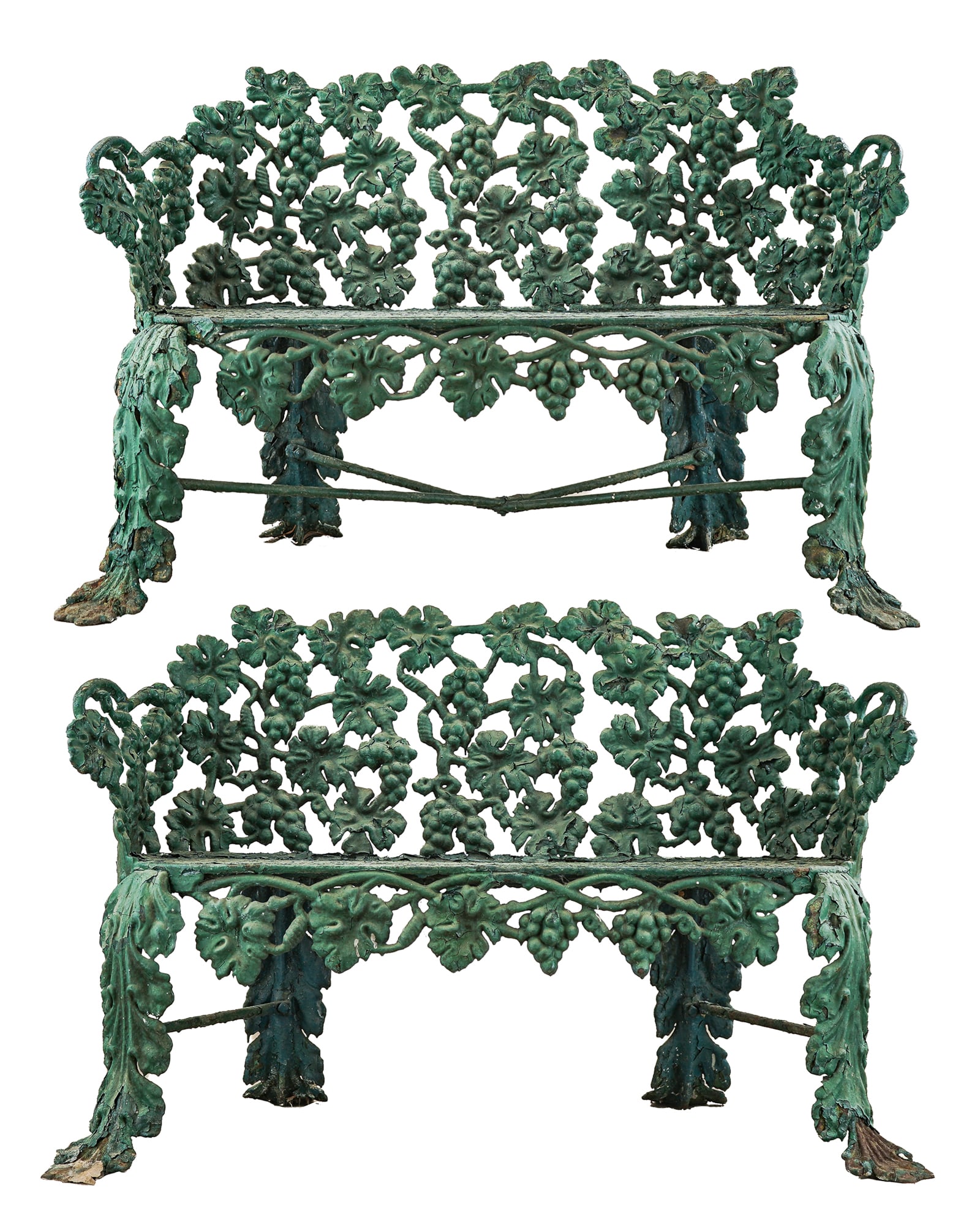 Pair of Victorian Cast Iron Garden Benches: Pair of Victorian cast iron garden benches/ settees, grape & vine, painted green, lengths 45" each, seat ht 26"
