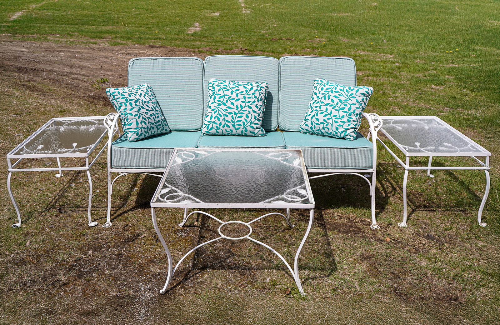 Iron Patio Sofa, Coffee Table, & Two Stands (1 of 6)