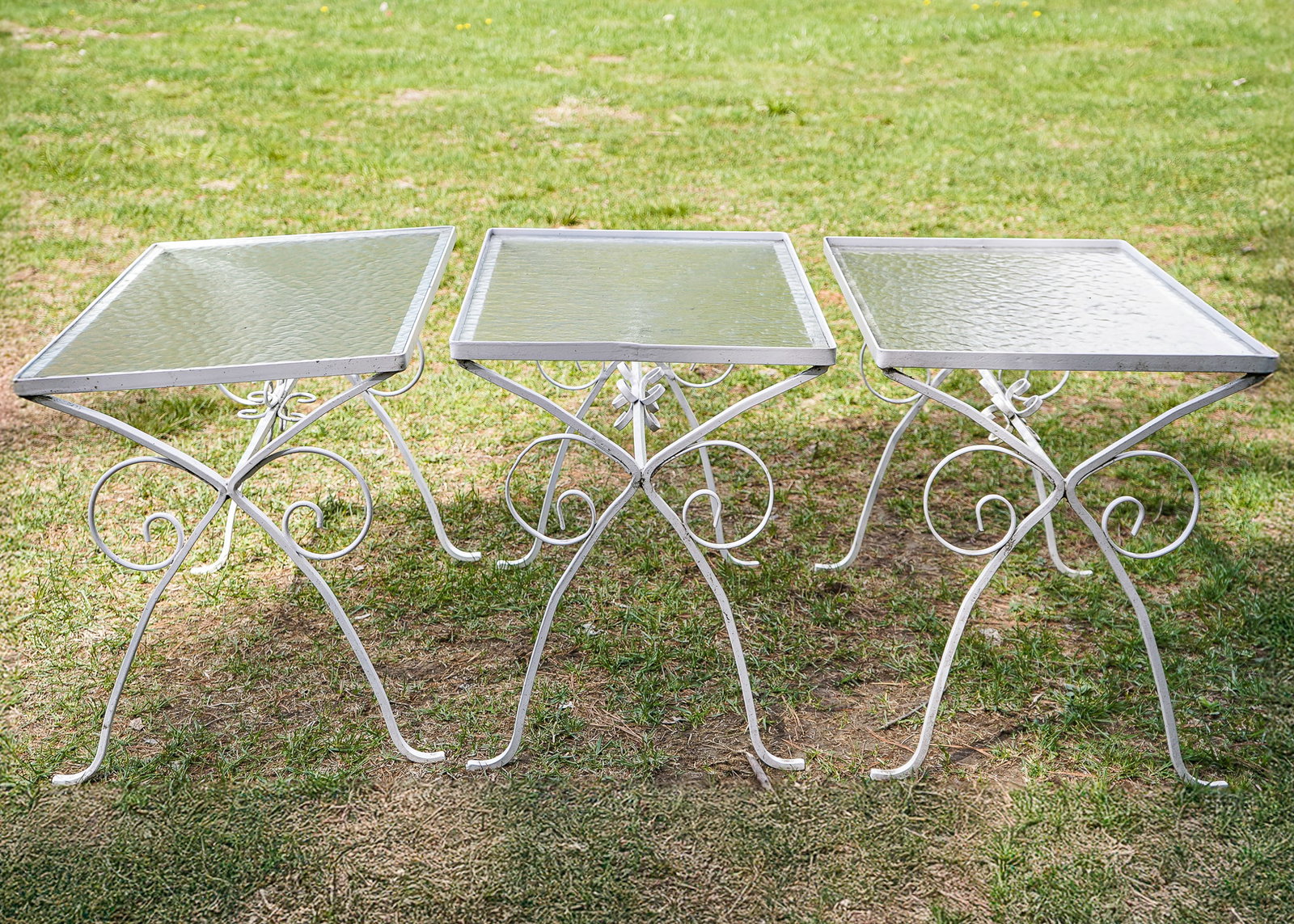Three Iron Patio Side Tables: 3 pc iron patio side tables, tops 24" x 16", ht 19"