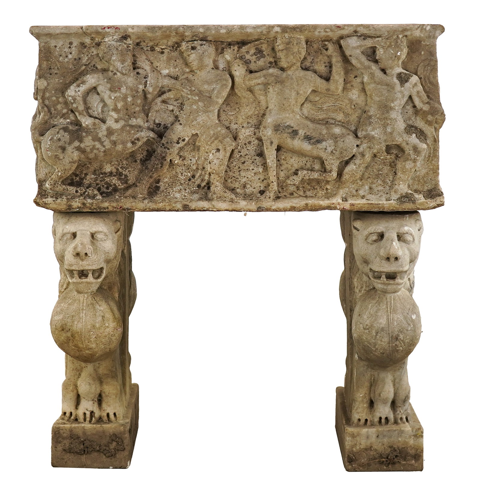 Etruscan Style Marble Planter: Etruscan style carved marble 3 pc planter or trough, rectangular top with warriors fighting centaurs, bases with carved lion heads, trough 24" x 14 1/2" x 10", two bases 15", set up ht 25"