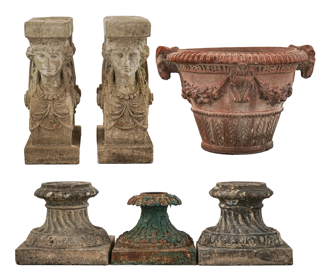 Decorative garden Accessories, Parts: Decorative garden accessories, parts, and pieces, including pair of Jenny Lind cast cement bench legs (one damaged), large terra cotta planter top section with bottom blown out, cast iron urn base,