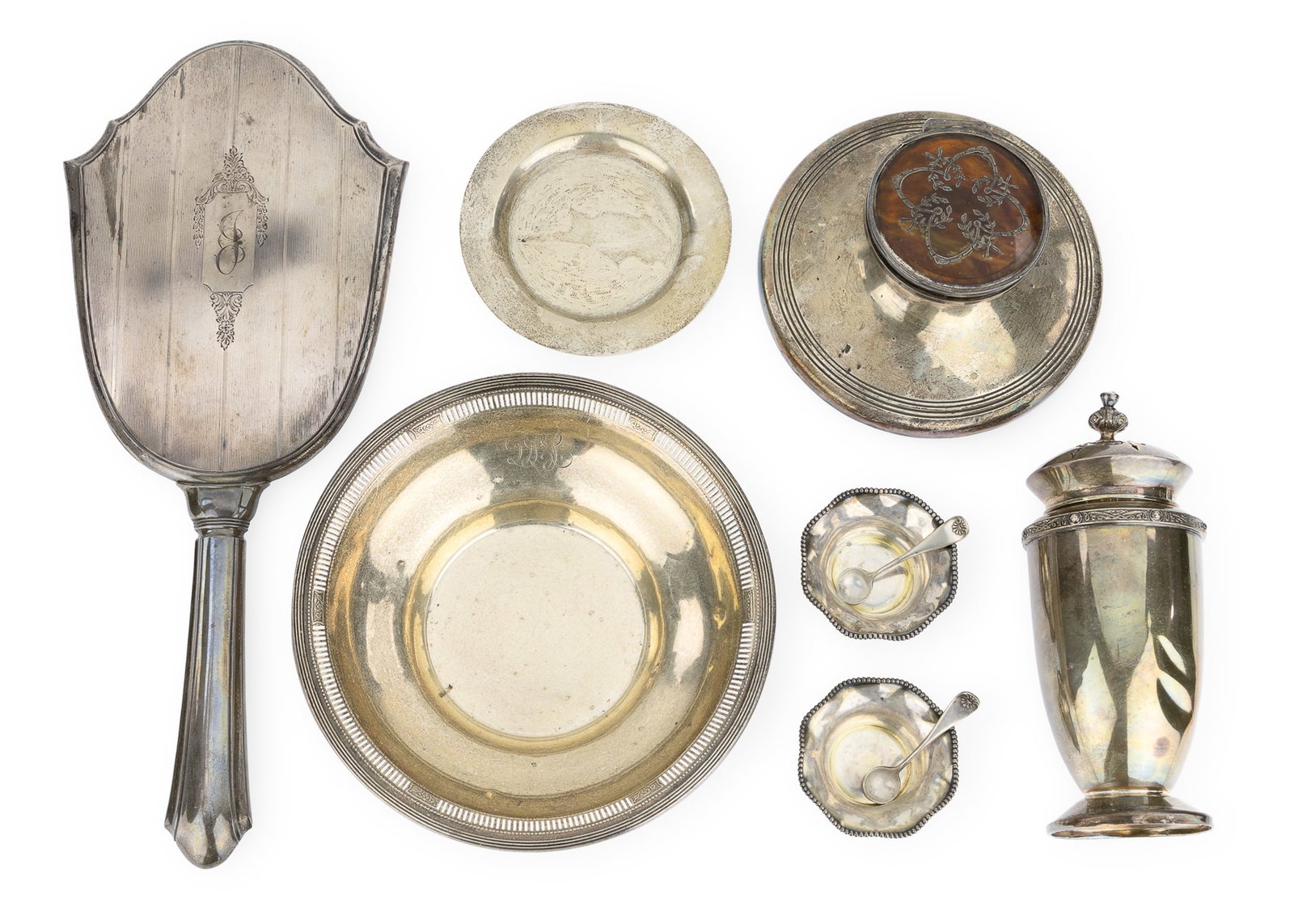 6 pcs Sterling and Coin Silver Hollowware: Group of 8 pcs. of sterling silver holloware and flatware including Birmingham sugar caster muffineer (dented), imitation tortoise shell inlaid inkwell, pair of salt cellars accompanied by Pairpoint p