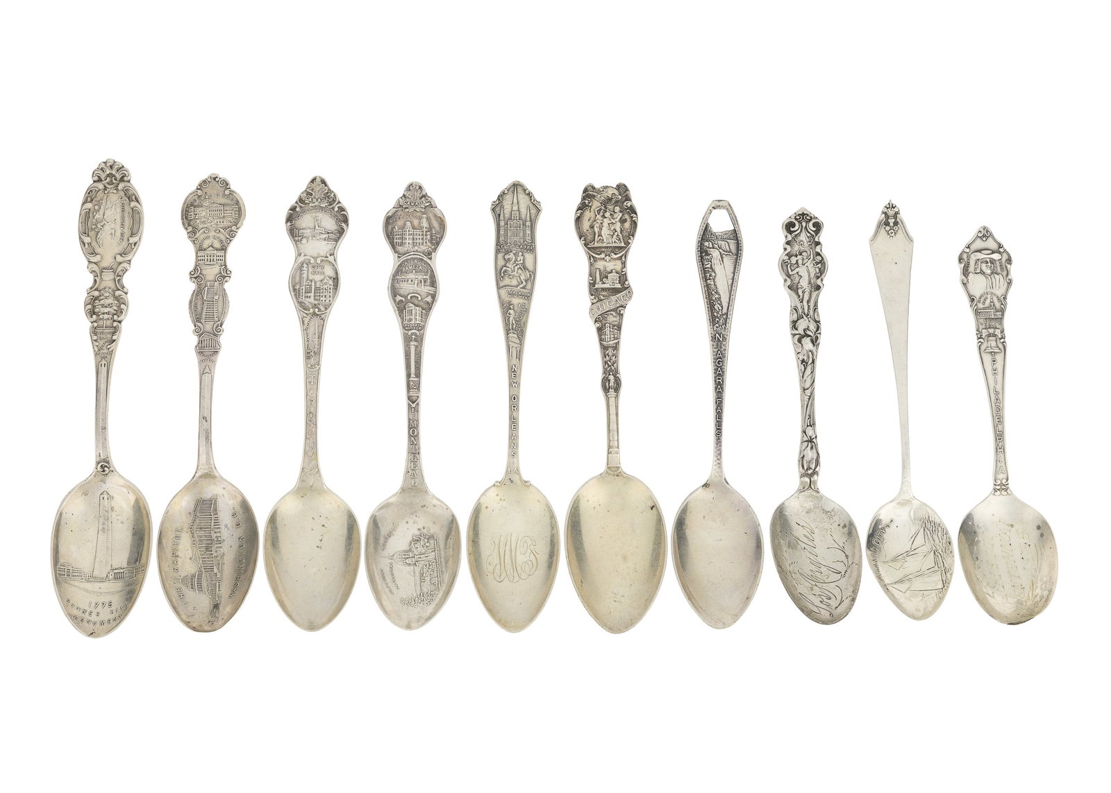 10 Victorian Sterling Silver Souvenir Spoons: Collection of 10 Victorian sterling silver souvenir spoons, most with pictorial and and figural handles, including Philadelphia Sesquicentennial, Atlantic City, NJ, Los Angeles, CA, Niagara Falls, Chi