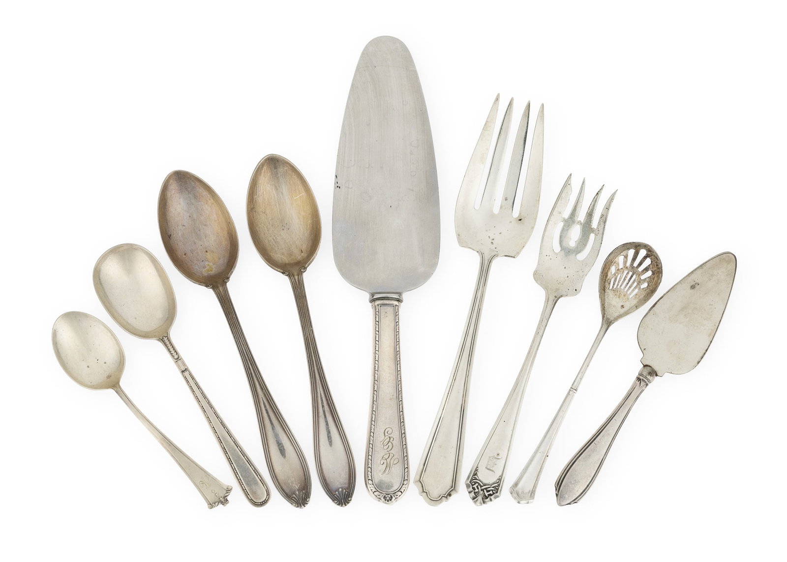 Lot of 9 pcs. of Sterling Silver Flatware: 9 pcs. of assorted sterling silver flatware including olive spoon, serving forks and spoons, pastry server and cheese slice with 5"-10" 7.6 ozt.