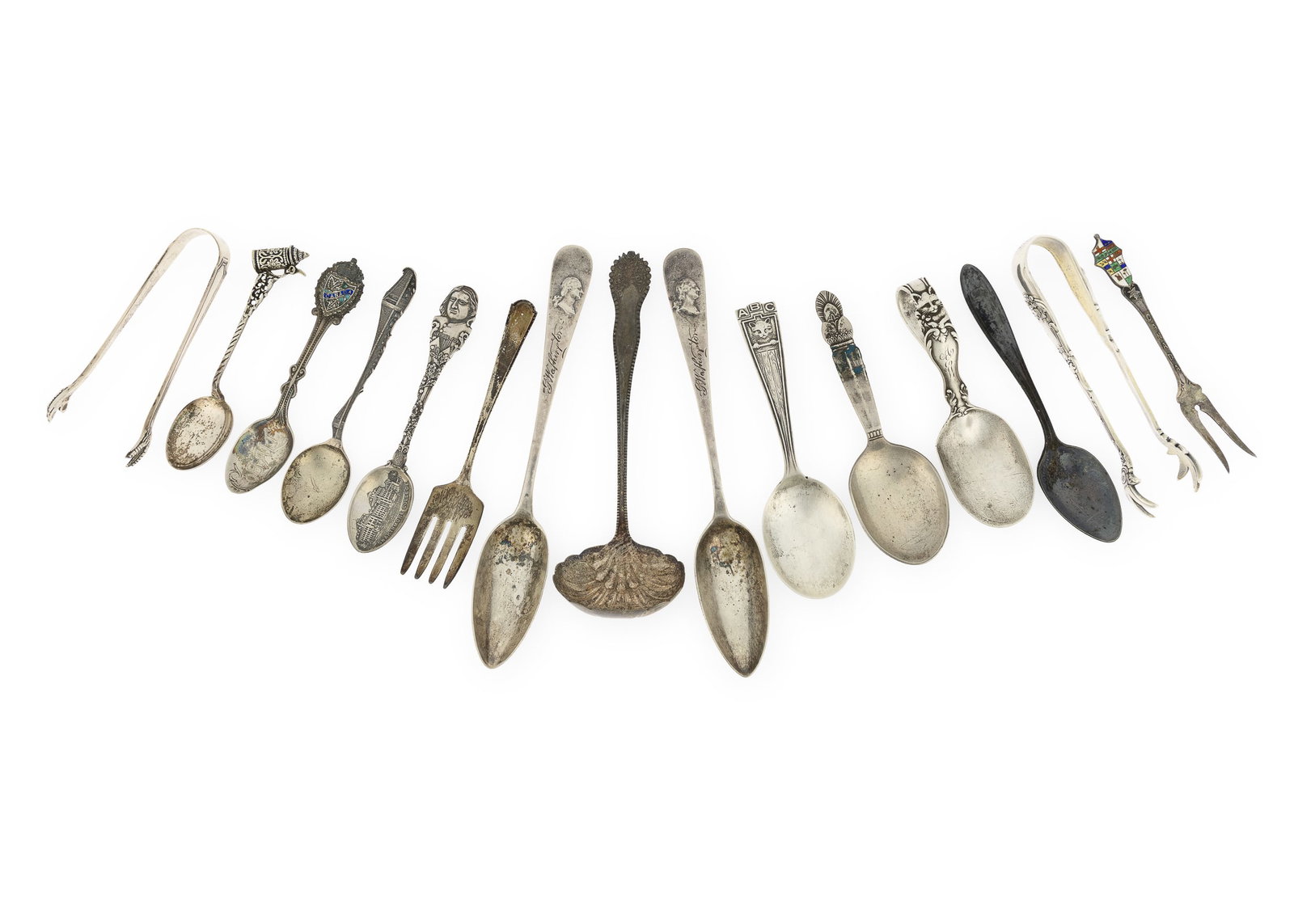 Lot of 13 pcs. of Sterling Silver Flatware: 13 pcs. of assorted sterling silver flatware including baby spoons, souvenir spoons, sugar tongs, sauce ladle, etc, 3.75"-6.5" 7 ozt.