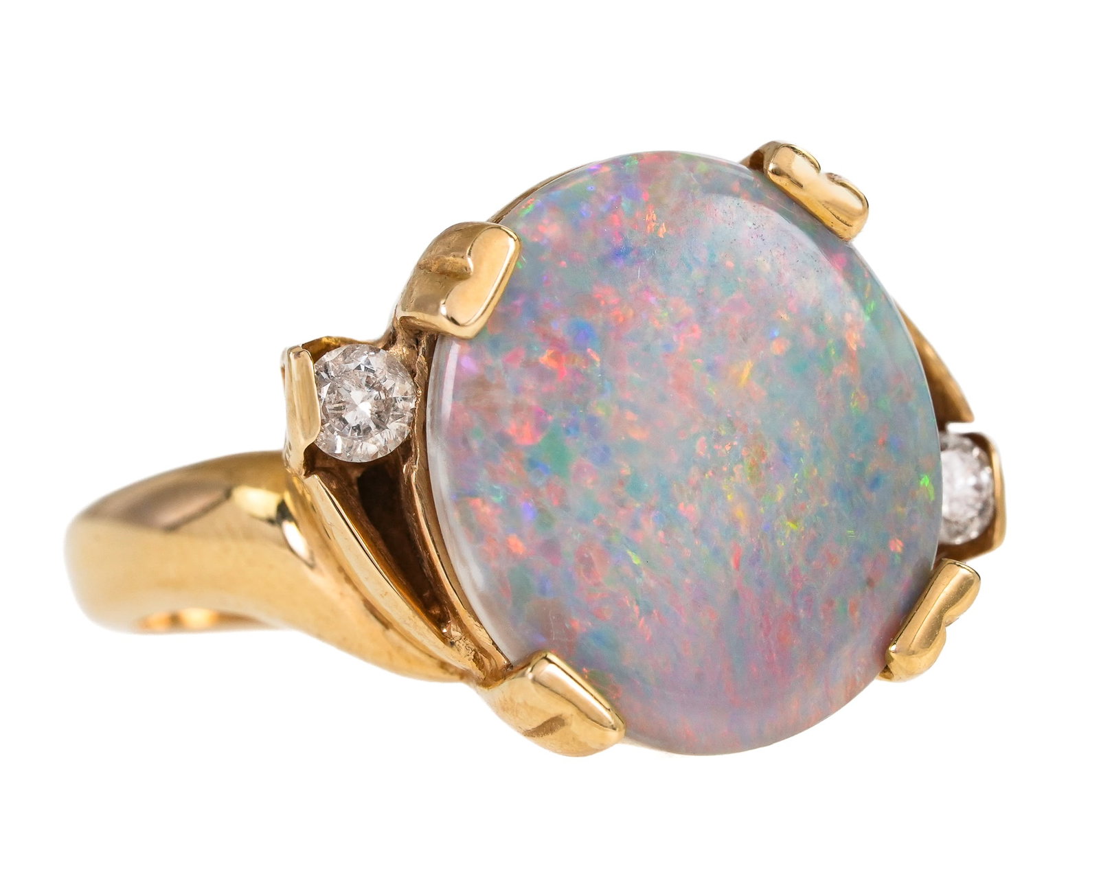 Pink Topaz & Diamond Ring: 18k yellow gold ring with a oval cut .75 ct pink topaz with two .1 ct round cut diamonds. Ring size 5.5. 7.9 grams t.w.