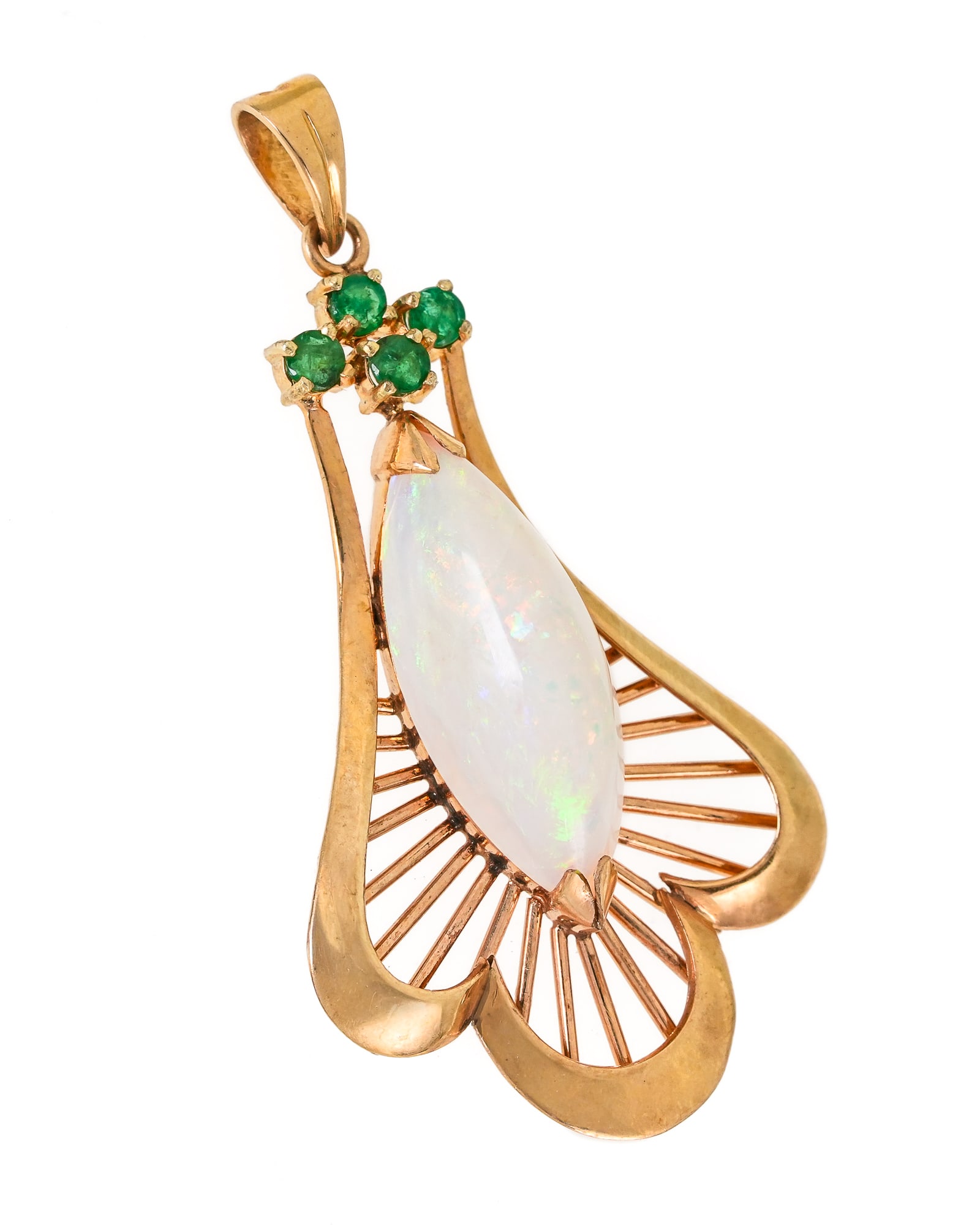 14k Opal & Emerald Pendant: 14k yellow gold pendant set with a approx. 2.2 ct marquise polished opal and 4 .04 ct round cut emeralds. 3.6 grams t.w., 1 3/4" long.