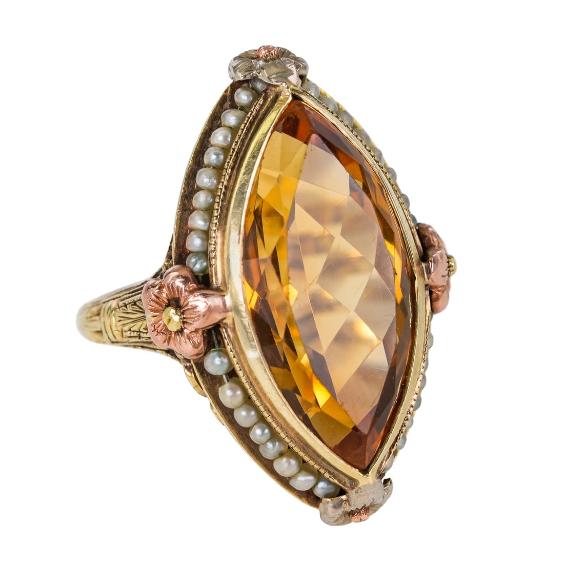 Antique 14k Rose Gold, Seed Pearl & Citrine Ring: 19th c 14k yellow gold and rose gold ring having open work frame, rose gold flowers, 36 seed pearl surround, and a center marquise cut citrine measuring 20 mm x 10 mm x 8 mm, or 7 cts. Ring size 5.