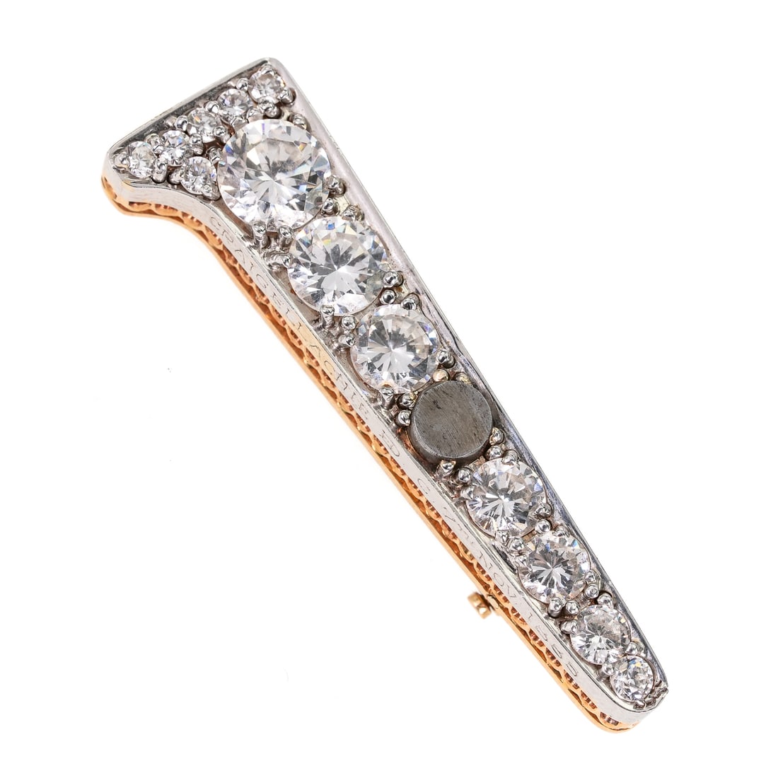 18k Canadian Pacific 1885 Commemorative Pin: 18k yellow and white gold brooch pin in the shape of a railroad spike. Created to commemorate the completion of the Canadian Pacific Railroad. Side of the pin engraved "Craigellachie Nov 7th 1885".