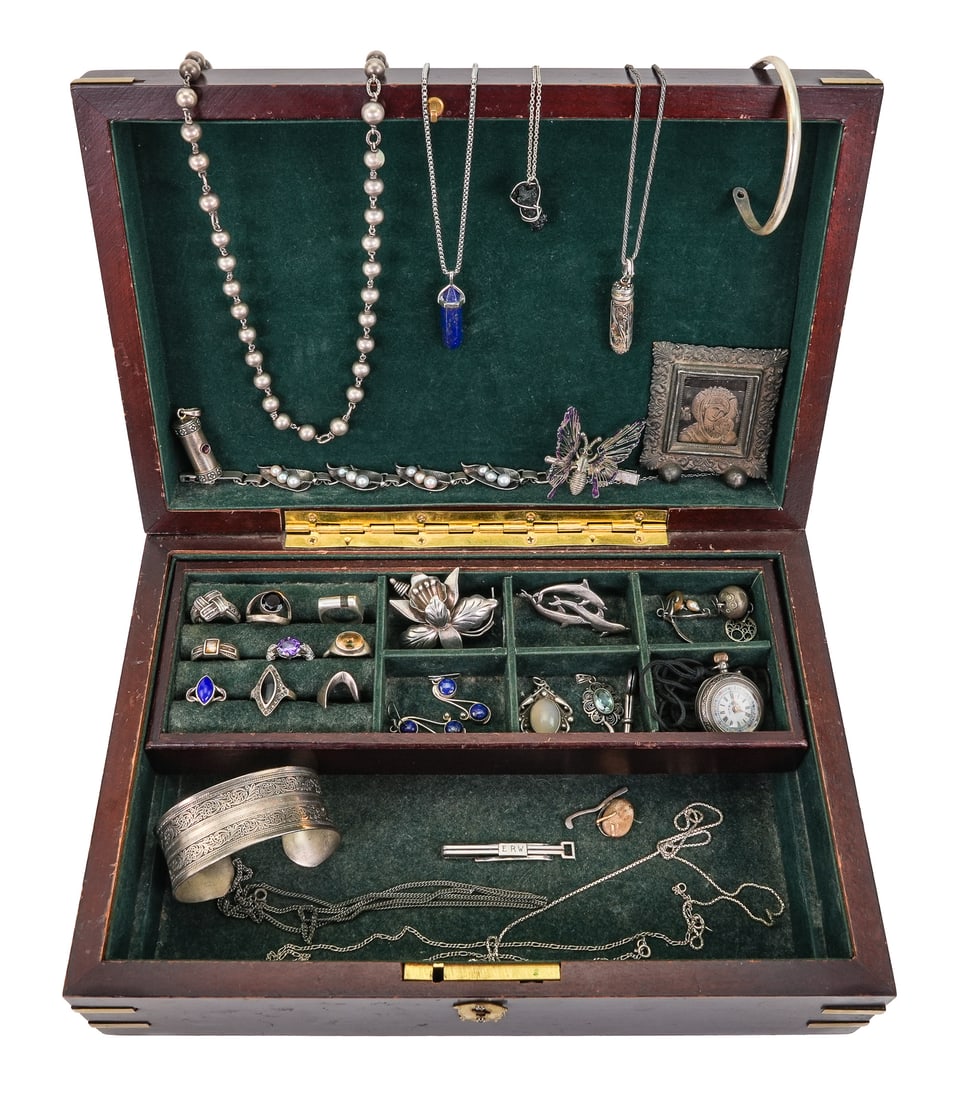 Antique & Vintage Sterling Jewelry: Fine group of antique and vintage sterling silver jewelry including 12 rings set with onyx, lapis, citrine, & garnet. Victorian silver ladies pendant open face pocket watch with gold hands, enamel fac