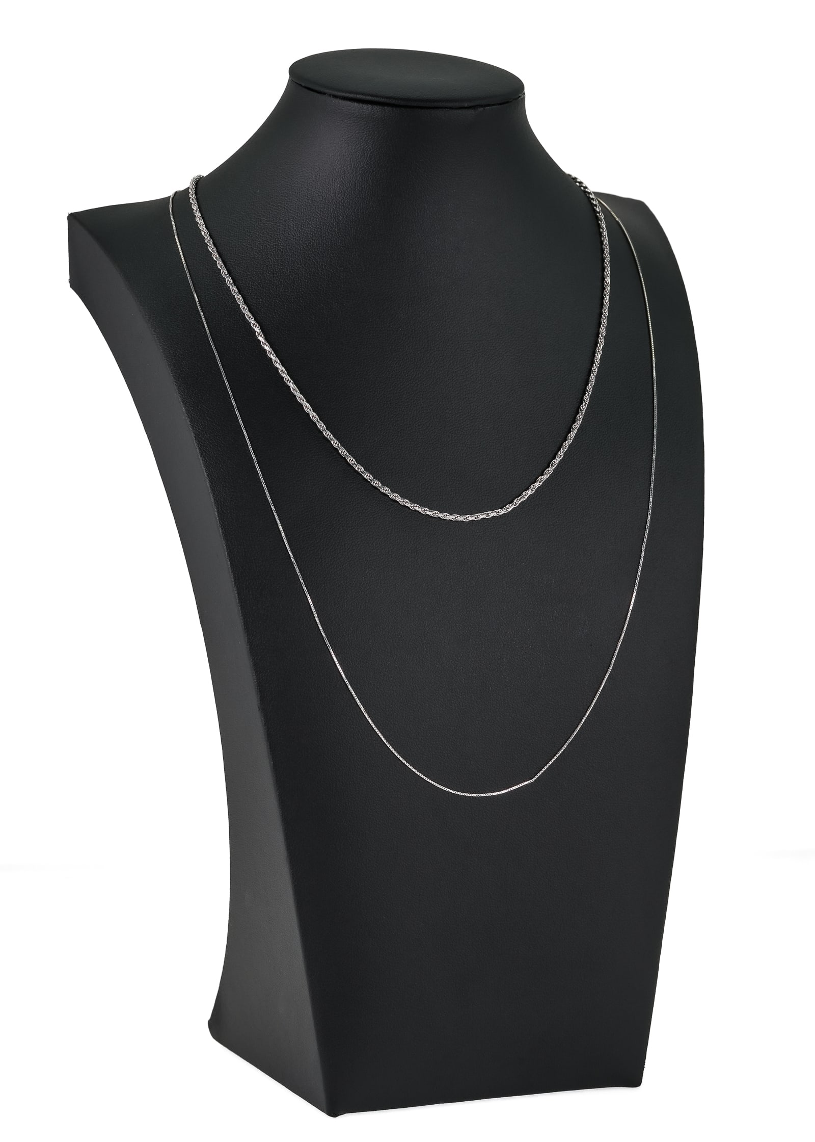 2 14k White Gold Chains: A group of 2 14k white gold chains, one 17" long rope, second fine 24". 7.5 grams t.w.