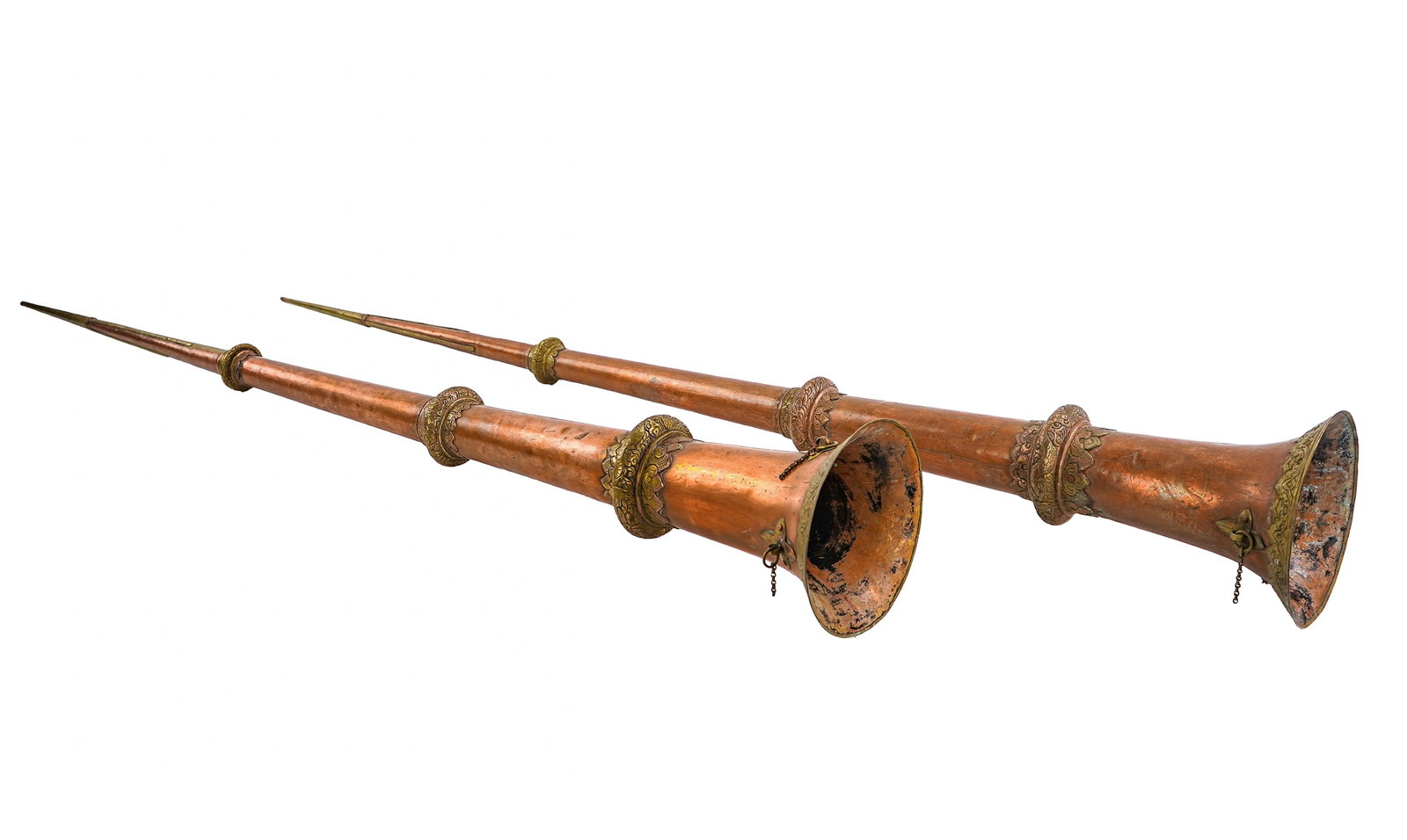 Tibetan/ Nepalese Dungchen Ritual Horns: Pair of Tibetan/ Nepalese "Dungchen" Buddhist ritual horns, 3 sections, copper & brass, extended 55", telescopes down to 22" x 8" x 8"
