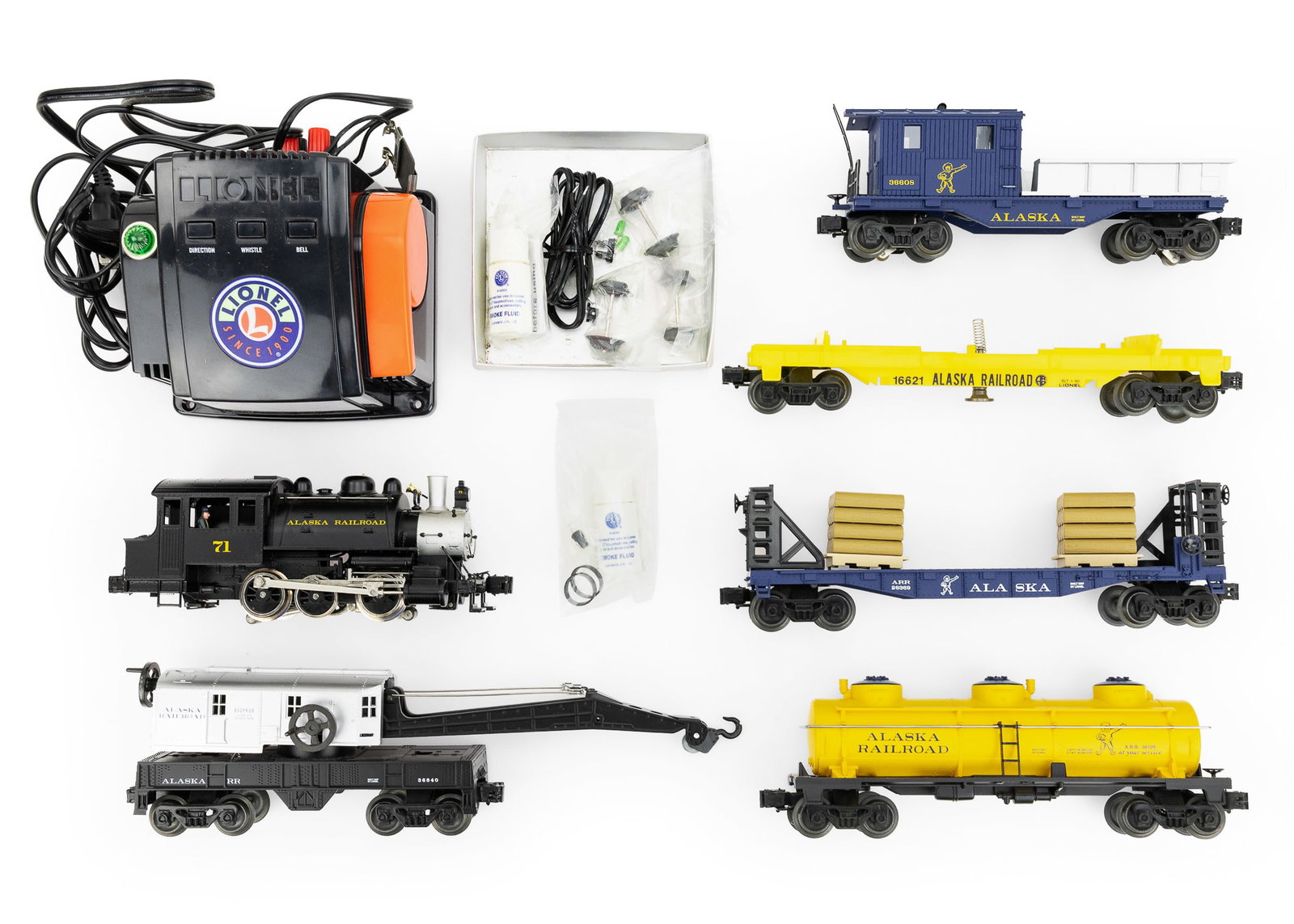 Lionel Alaska Railroad Switcher, Cars: Lionel Alaskan Railroad 0-6-0 Dockside switcher (6-30045) with smoke, whistle, reverse, 36840 crane car, 3 other cars, caboose, and transformer