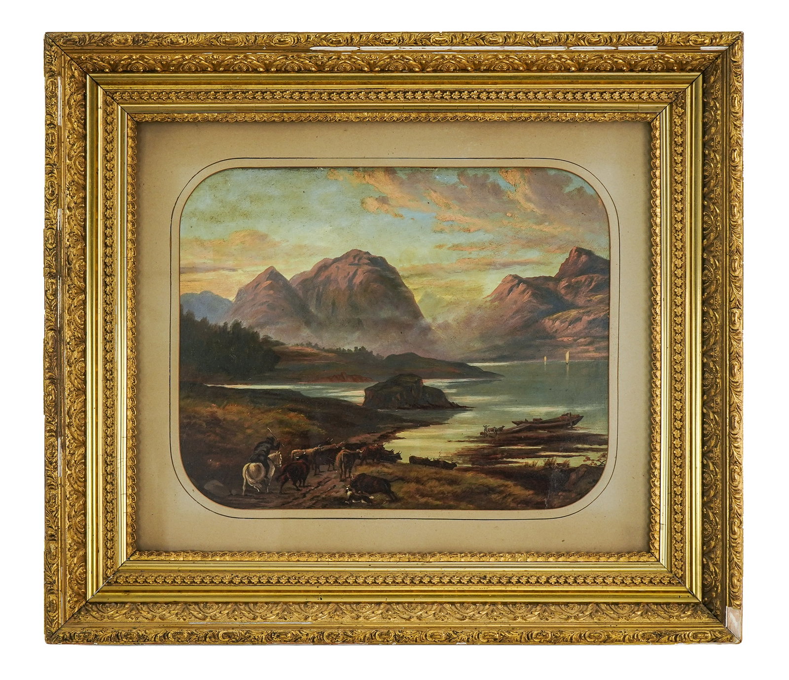 Late 19th c Scottish Landscape: Late 19th c Scottish landscape oil on board, cattle being loaded onto a barge, original gilt frame, image 19" x 15 1/2", overall 27" x 31" x 3"