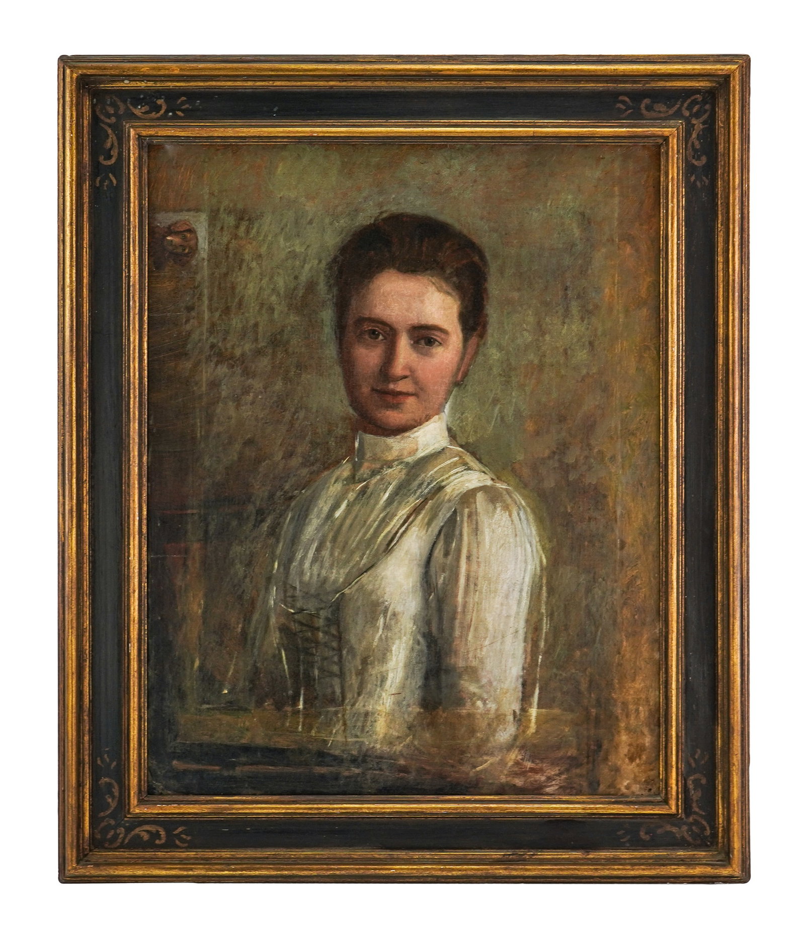 Oil on Canvas of a Young Woman: Ca 1900 unsigned oil on canvas of a young woman (possibly a study) with a curious small image of a dog on the edge, 28" x 22", overall 36 1/2" x 30"