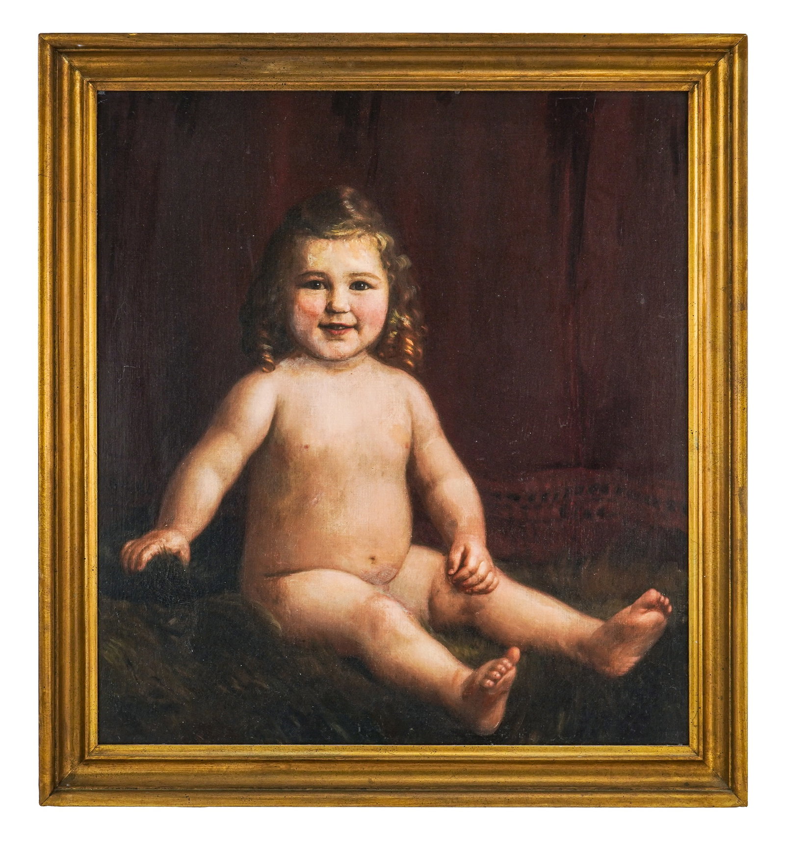 Ca 1900 Oil on Canvas of a Child: Ca 1900 unsigned oil on board of a young child, old Lapham & Dibble label, 29" x 26 1/2", overall 34 1/2" x 32"