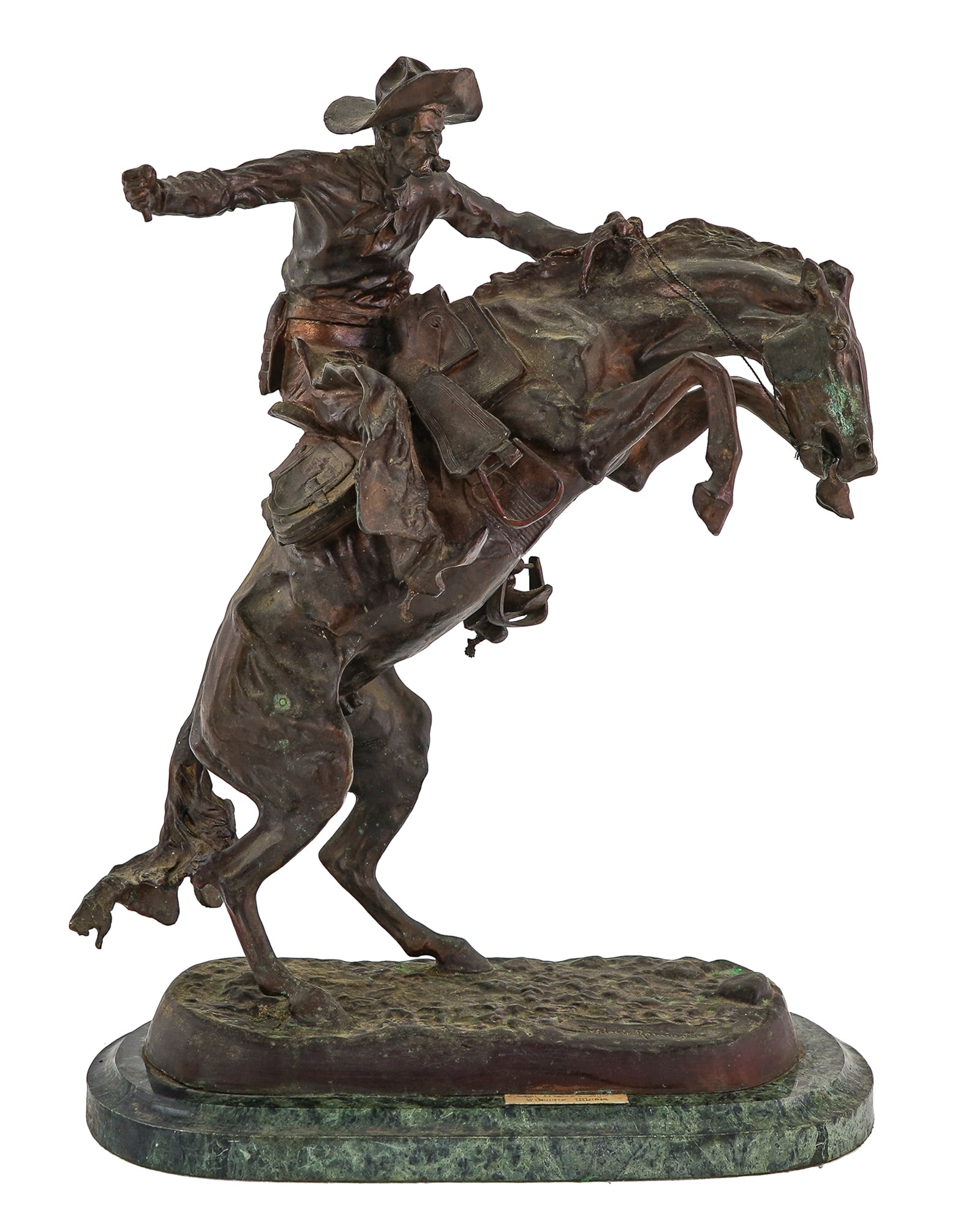After Frederic Remington (1861-1909): After Frederic Remington (1861-1909) "Bronco Buster" Western Cowboy patinated cast bronze sculpture, overall with marble base 22" x 18" x 10", (missing whip)