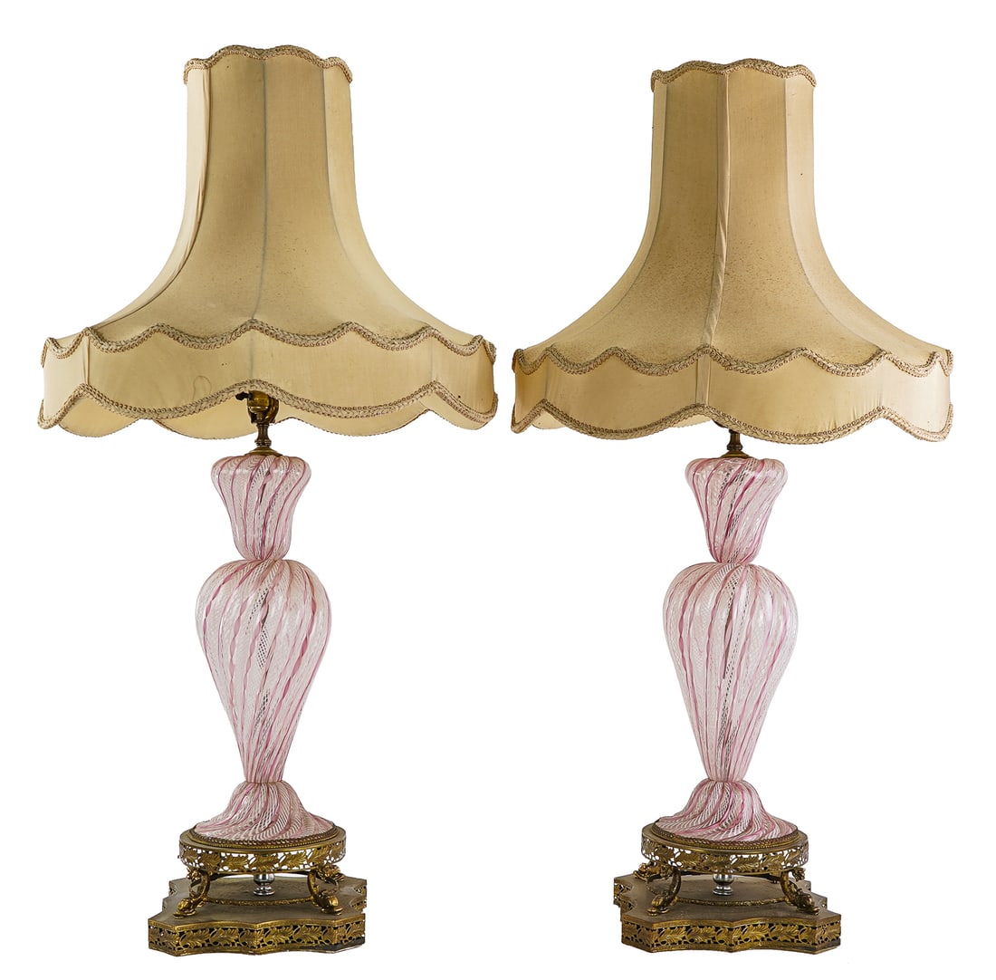 Pair of Murano Table Lamps: Vintage Italian Murano white latticino lattice design intermixed with pink glass ribbons set on a brass base