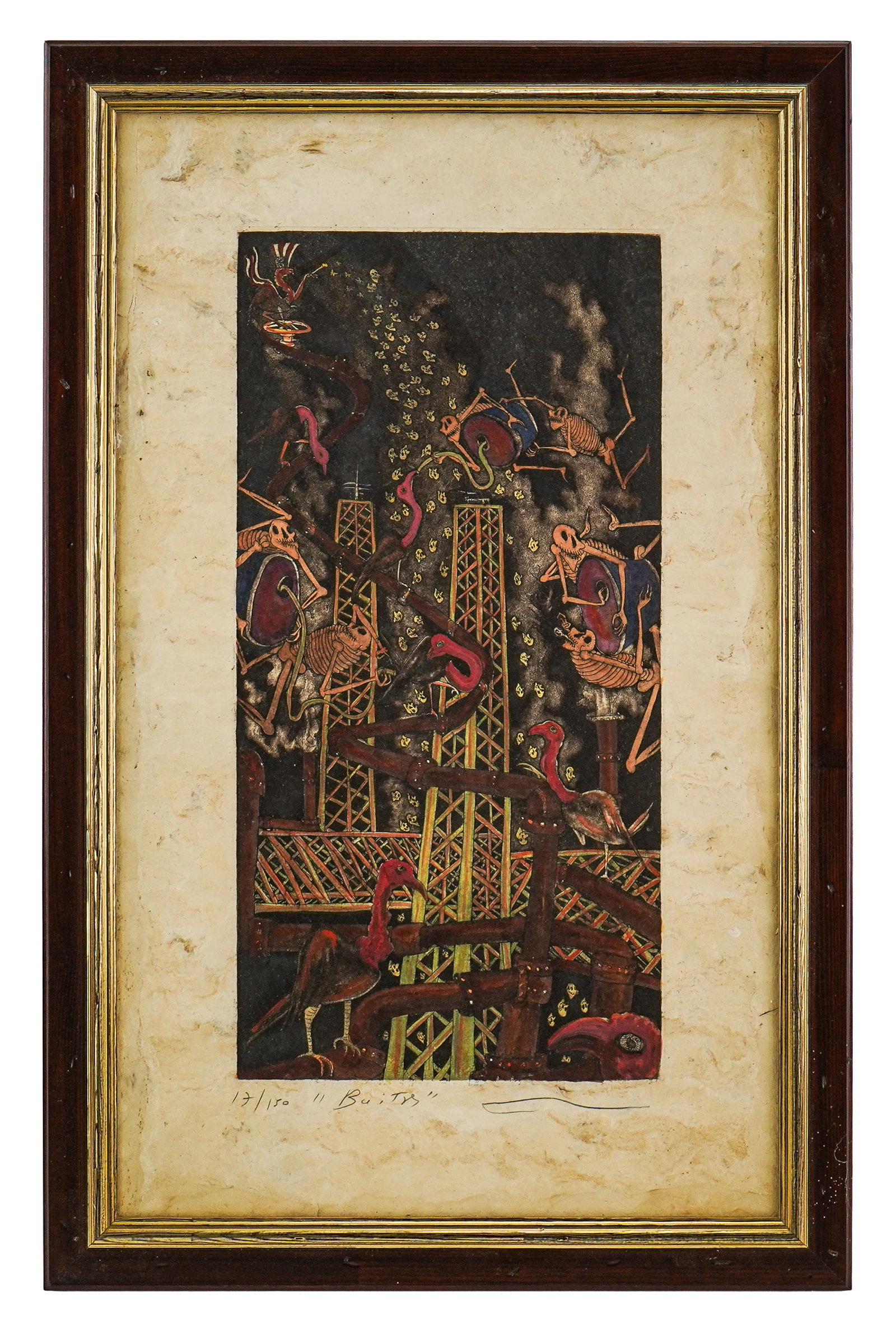 Nicolas De Jesus (MX 1960-) Bruitres: Nicolas De Jesus (MX 1960-) pencil signed and editioned 13/150 hand colored etching titled "Buitres" (vultures), plate size 19 1/4" x 9 5/", framed, overall size 28 1/2" x 18"