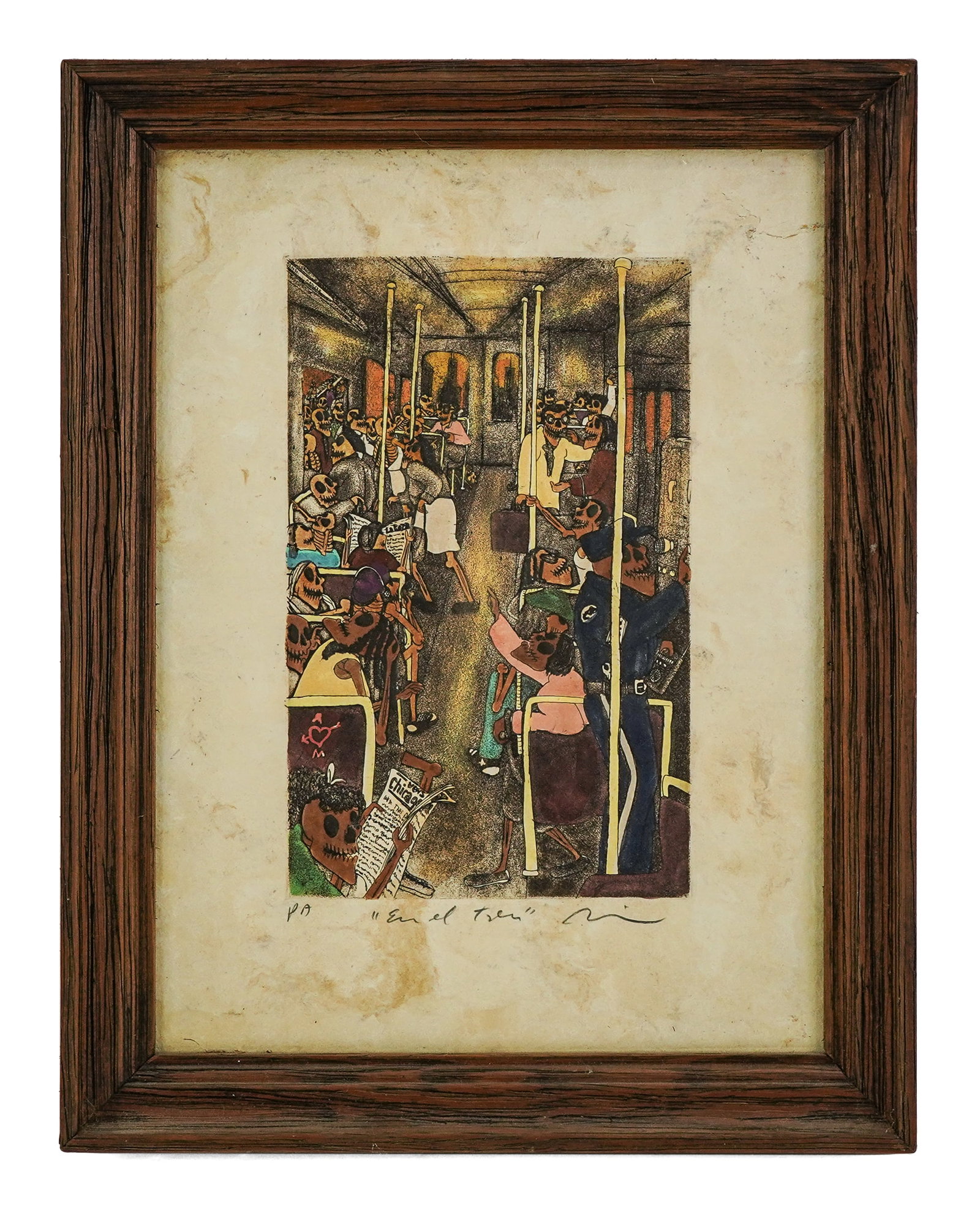 Nicolas De Jesus (MX 1960-) En El Tren: Nicolas De Jesus (MX 1960- ) AP pencil signed hand colored etching titled "En el Tren" (on a train), plate size 10 1/2" x 6 3/4", framed, overall size 18" x 14"