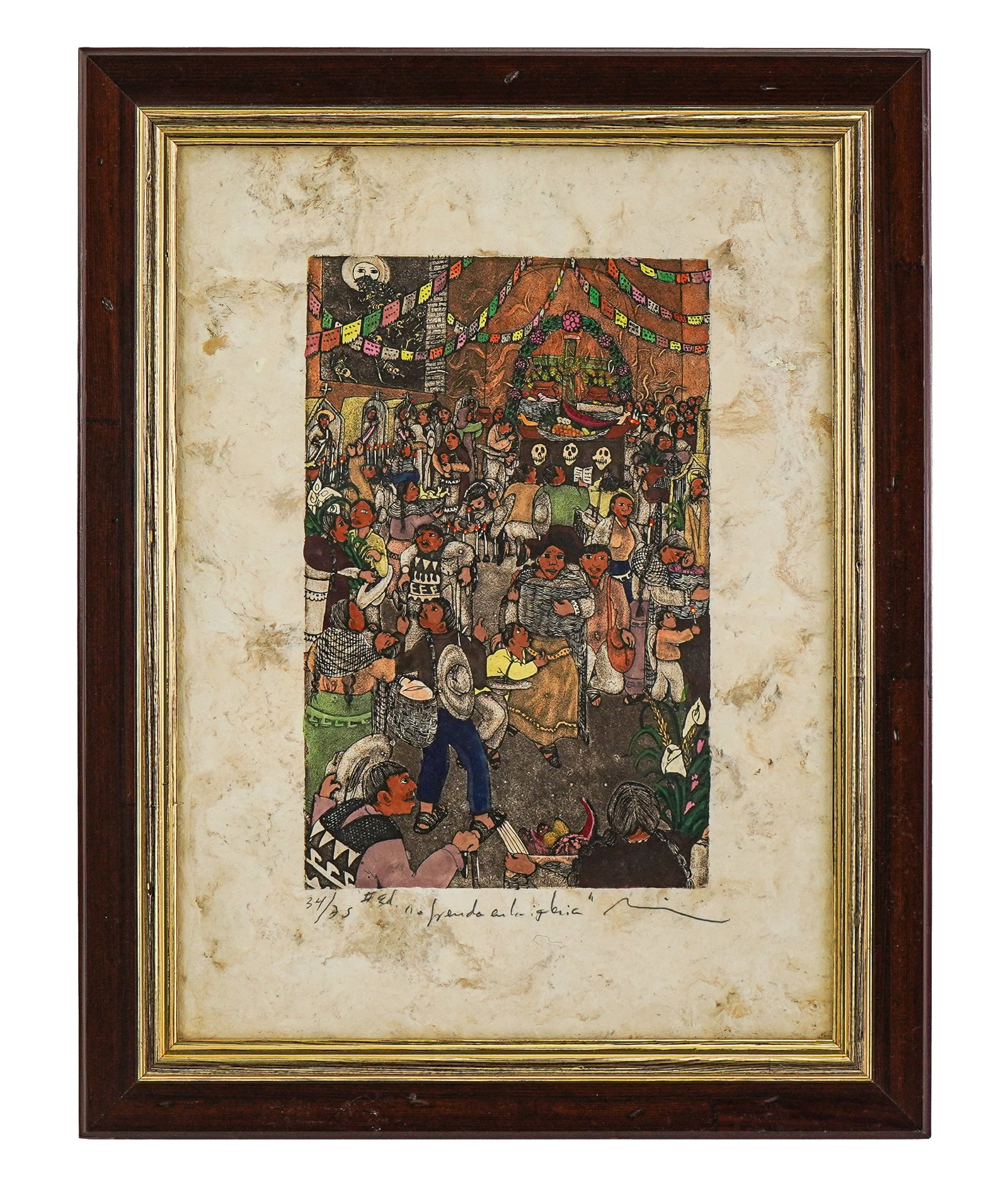 Nicolas De Jesus (MX 1960-) Wendo en le igbria: Nicolas De Jesus (MX 1960-) pencil signed and editioned 34/35 hand colored etching titled "Ofrenda en la Iglesia" (Offering in the Church), plate size 10 1/2" x 6 3/4"