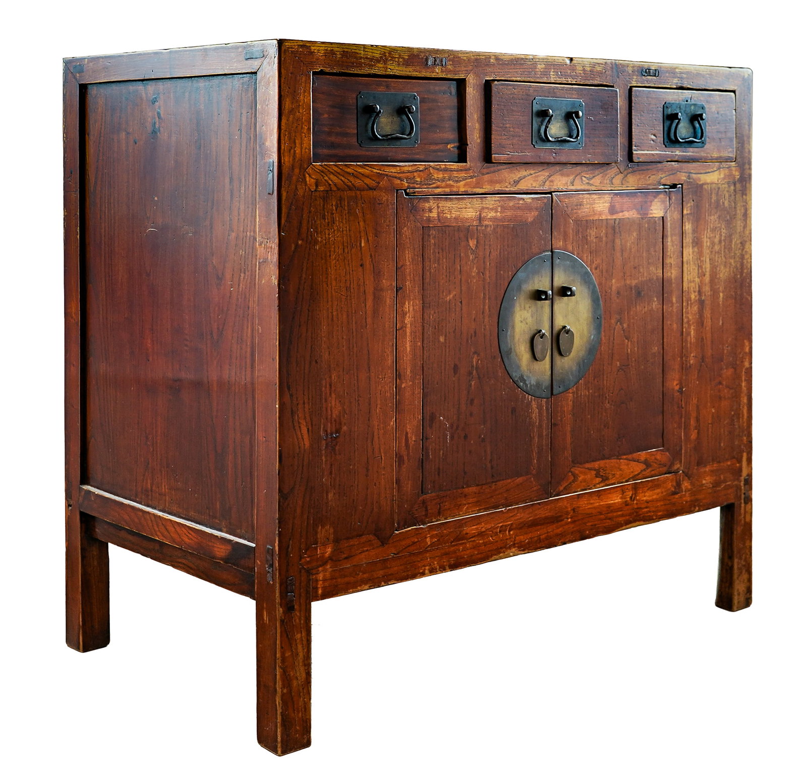 19th c Chinese Elm Cabinet: 19th c Chinese elm cabinet, three drawers over two doors, thru tenon construction, 40" x 24" x 37"