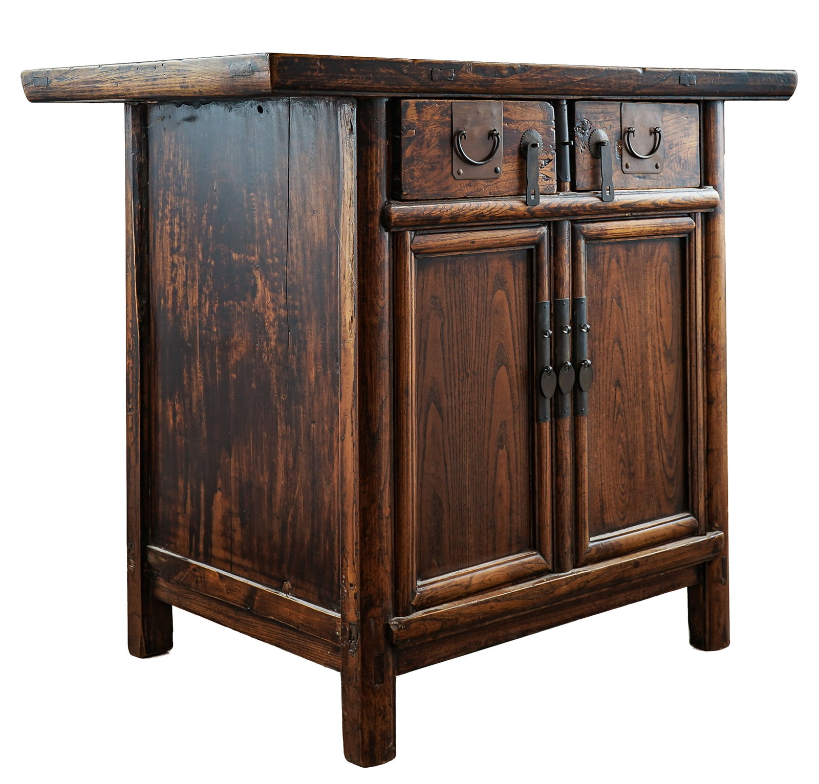 19th c Chinese Elm Cabinet: 19th c Chinese elm cabinet with overhung top, two drawers over two doors, thru tenon construction, top 23" x 40", case 27" x 22" x 34" ht