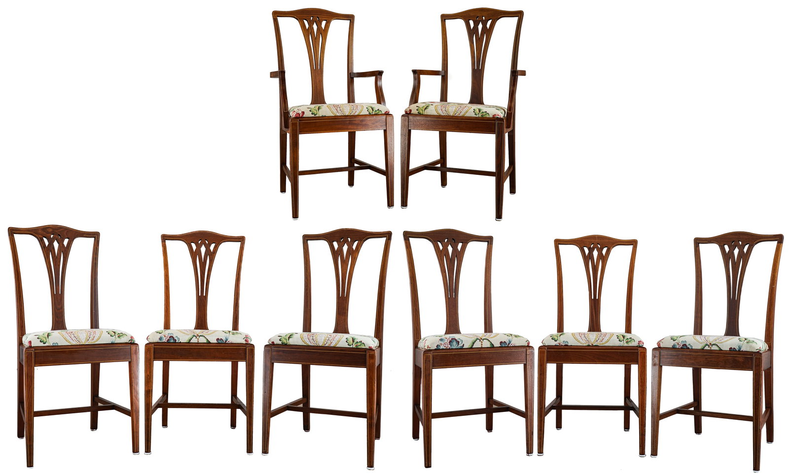 Set of Eight Hepplewhite Style Dining Chairs: Set of eight Hepplewhite style custom mahogany inlaid dining chairs, including two armchairs and six side chairs, seat ht 20", back ht 39"