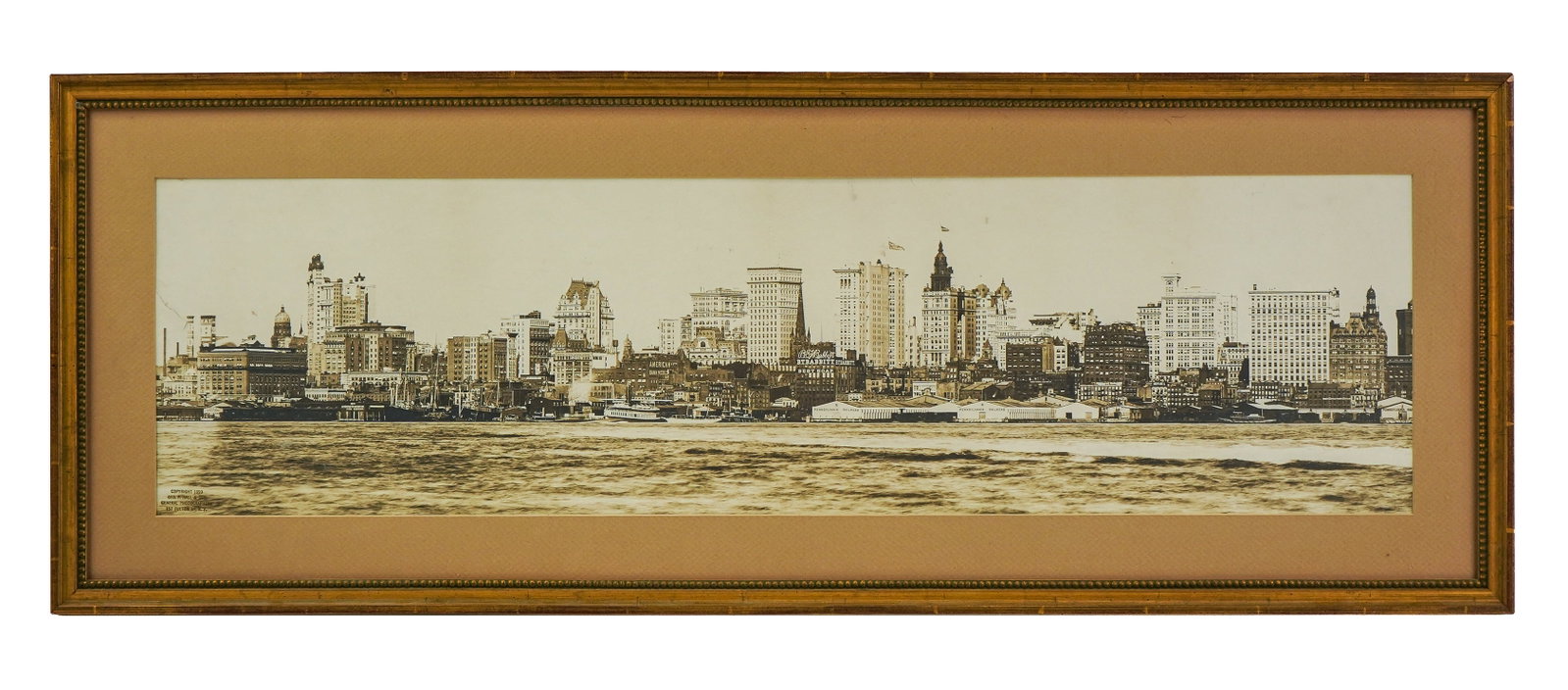 1899 Geo. P Hall and Co View of New York Skyline: 1899 panoramic long photo of the New York City skyline by George P Hall & Co, NY, small tear on one end, sight 9 1/2" x 36", framed. overall 15 1/2" x 42"