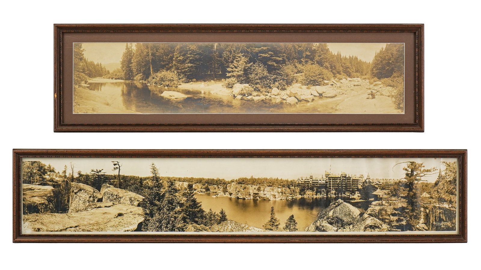 Early 20th c Adirondack Panoramic Views: Two early 20th c Adirondack long photos/ panoramic views, including the Lake Mohonk Mountain House Hotel by Thompson Photo Co, Yonkers, sold with an idyllic stream photo by W H Wallace, overall sizes 