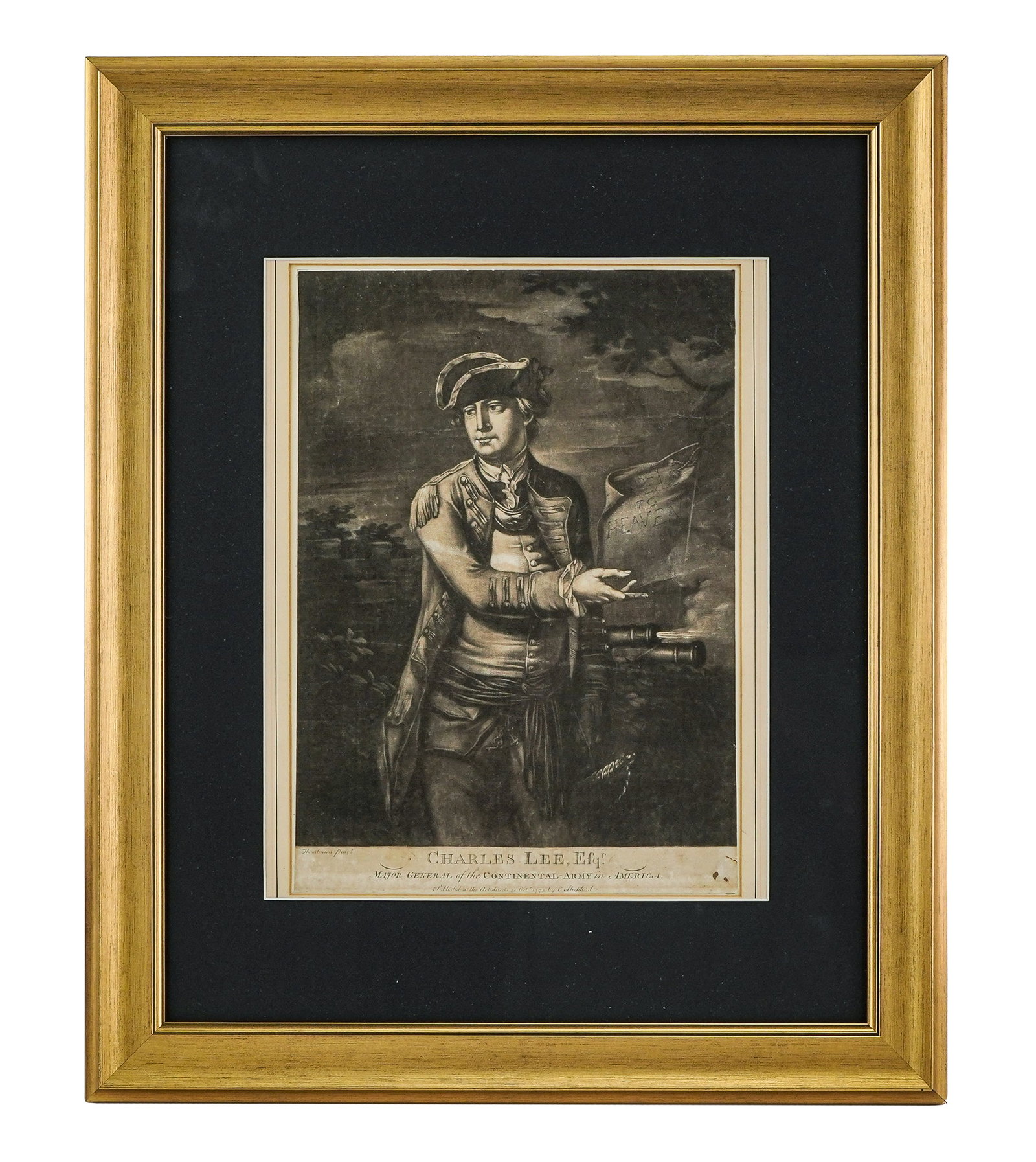 1775 C Shephard- Maj. Gen Charles Lee Esq Engraving: 1775 C Shephard - Charles Lee Esq. Major General of the Continental-Army in America Published as the Act Directs Oct.r 1775 Engraving on paper margins trimmed sheet 13.75 x 10" 19 x 23" as framed.