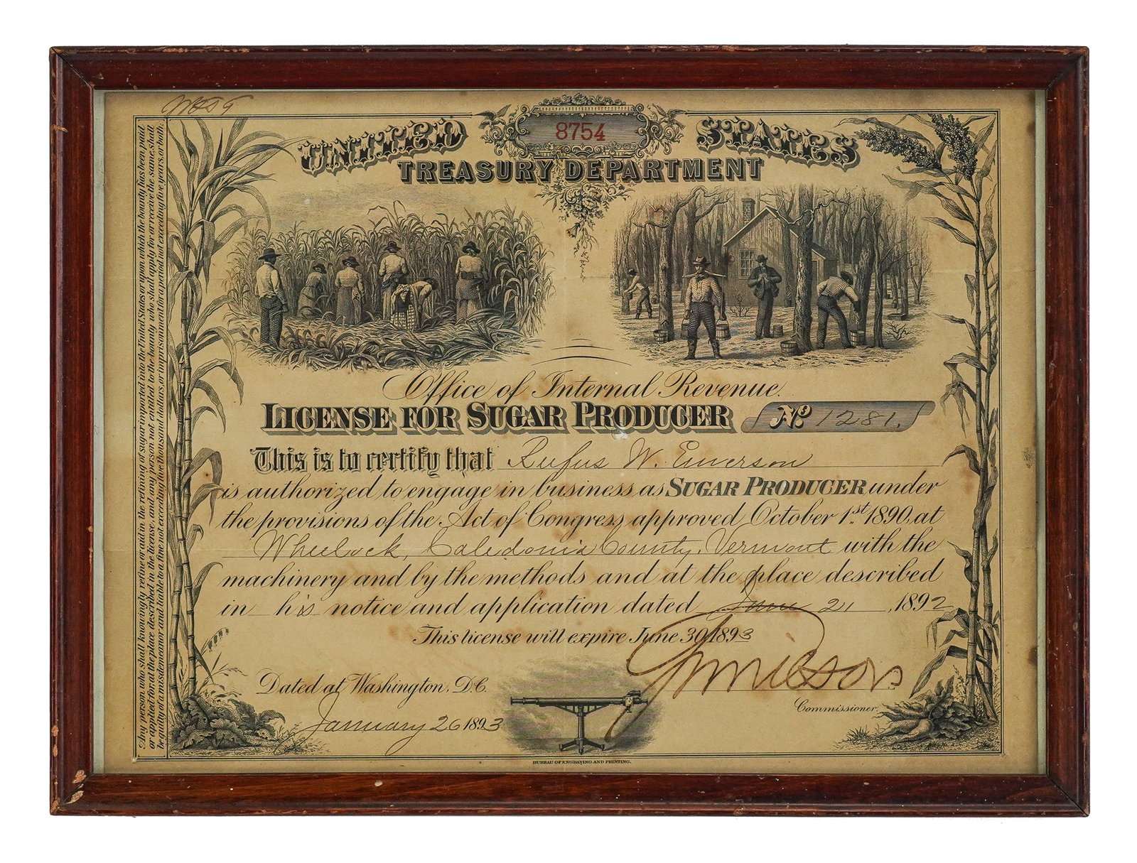 1892 Internal Revenue Service VT Sugar License: 1892 Treasury Department /Internal Revenue Service -License for Sugar Producer No. 1281- Made out to Rufus W. Emerson of Wheelock, Caledonia Co. Vermont- with scripophily of sugar production- minor