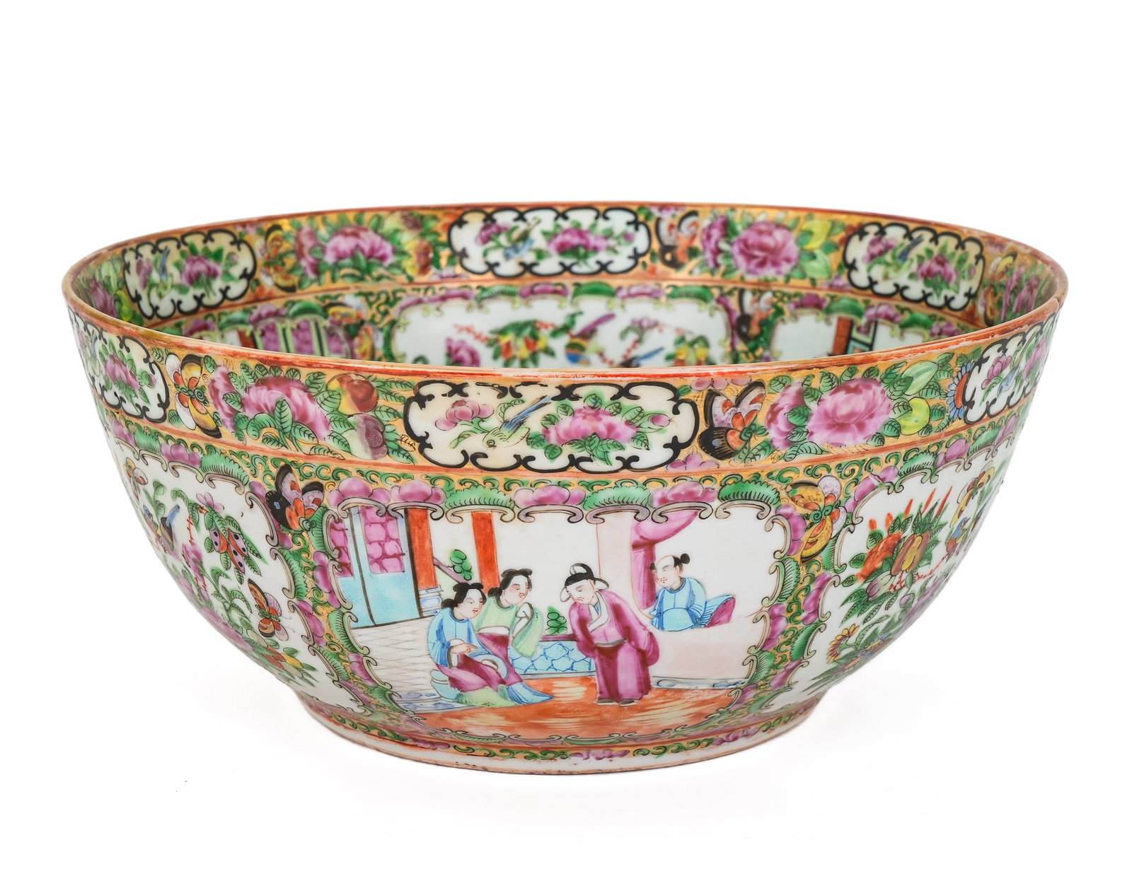 19th c. Chinese Rose Medallion Punch Bowl: Fine 19th c. Chinese Rose Medallion export porcelain punch bowl having scenic panels and Famille Rose floral motifs, some wear to gilding, overall very good condition 5.25"-11.75"