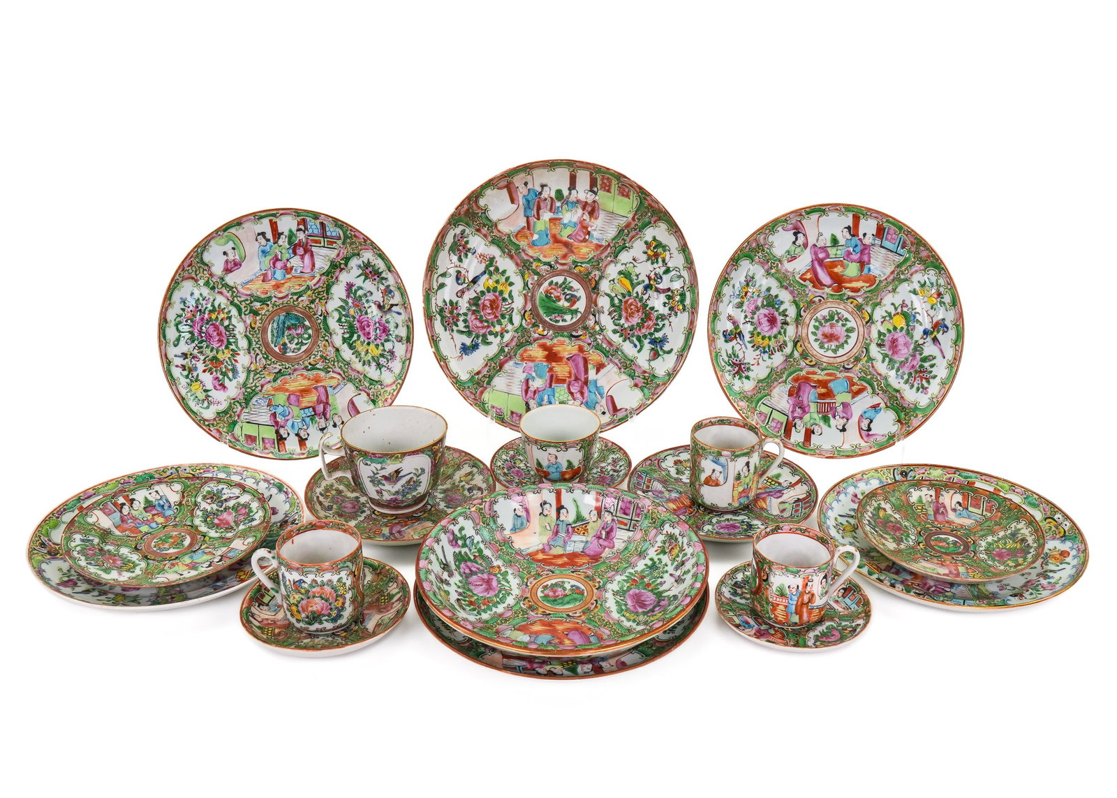 19 pcs. Chinese Rose Medallion Porcelain: Collection of 19 pcs. of late 19th c. Chinese Rose Medallion export porcelain tableware having scenic panels and Famille Rose floral motifs, including cups and saucers, luncheon plates, side plates, l