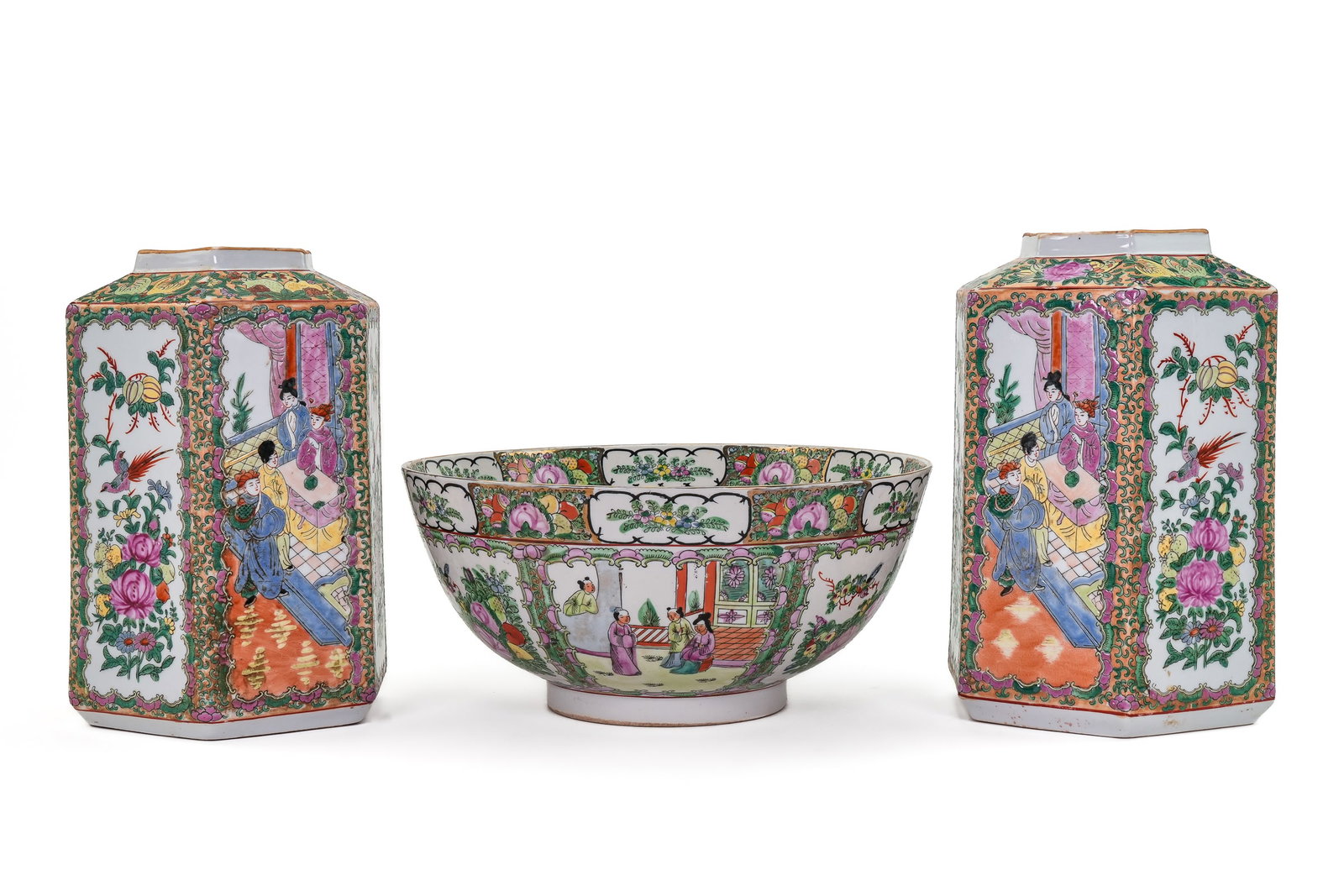Chinese Rose Medallion Bowl and Vases: Late 20th c. Chinese Rose Medallion export style porcelain oversized punch bowl and two hexagonal vases. Overall good condition 6.5" x 13.75", 7.5" x 13"