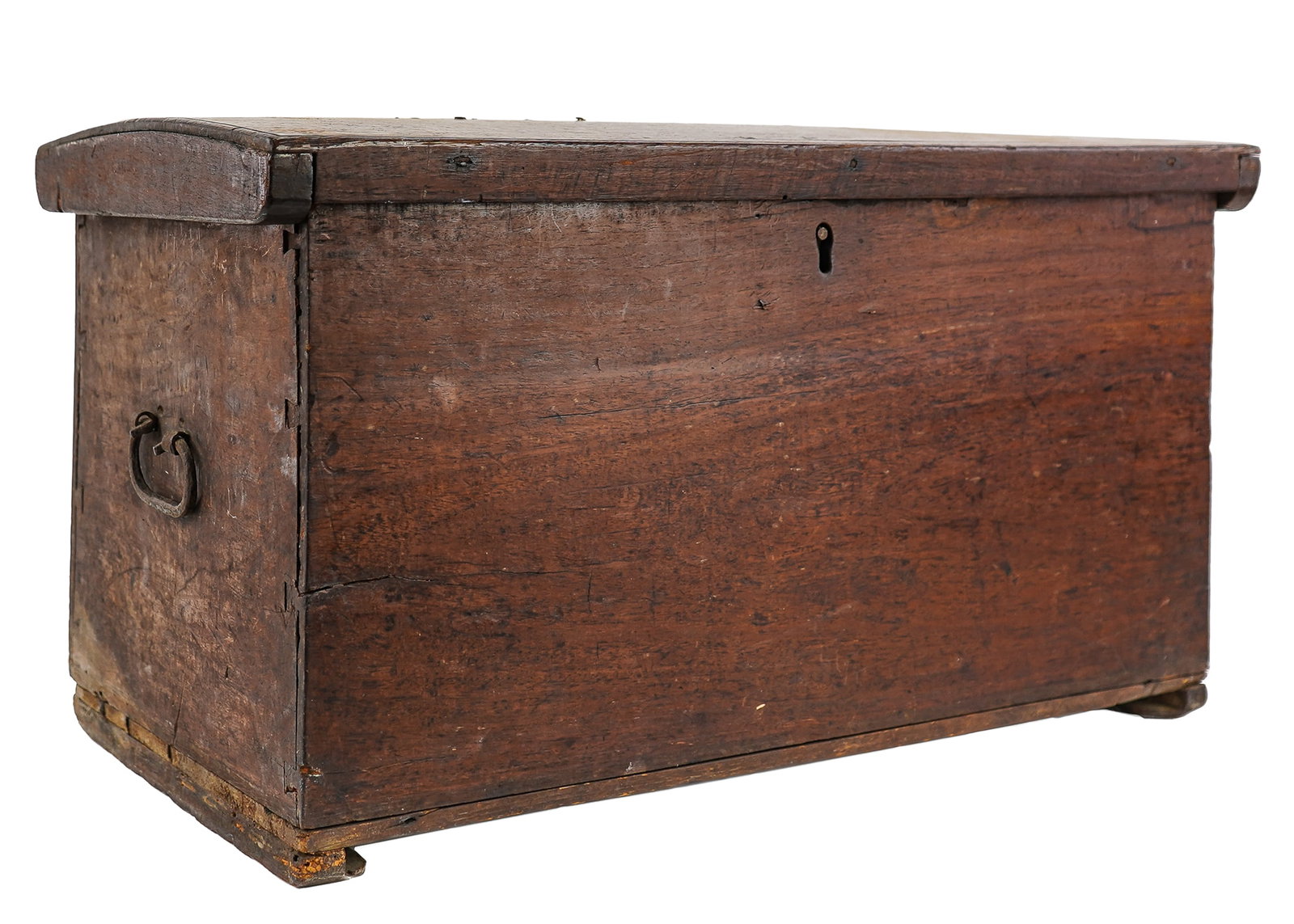 American 18th c Walnut Lift Top Chest: American 18th c walnut lift top chest. Slight dome top, strap iron hinges, pine til box, iron handles, dovetailed, and strip foot type base. Good condition, dry surface. 26" x 13" x 14".