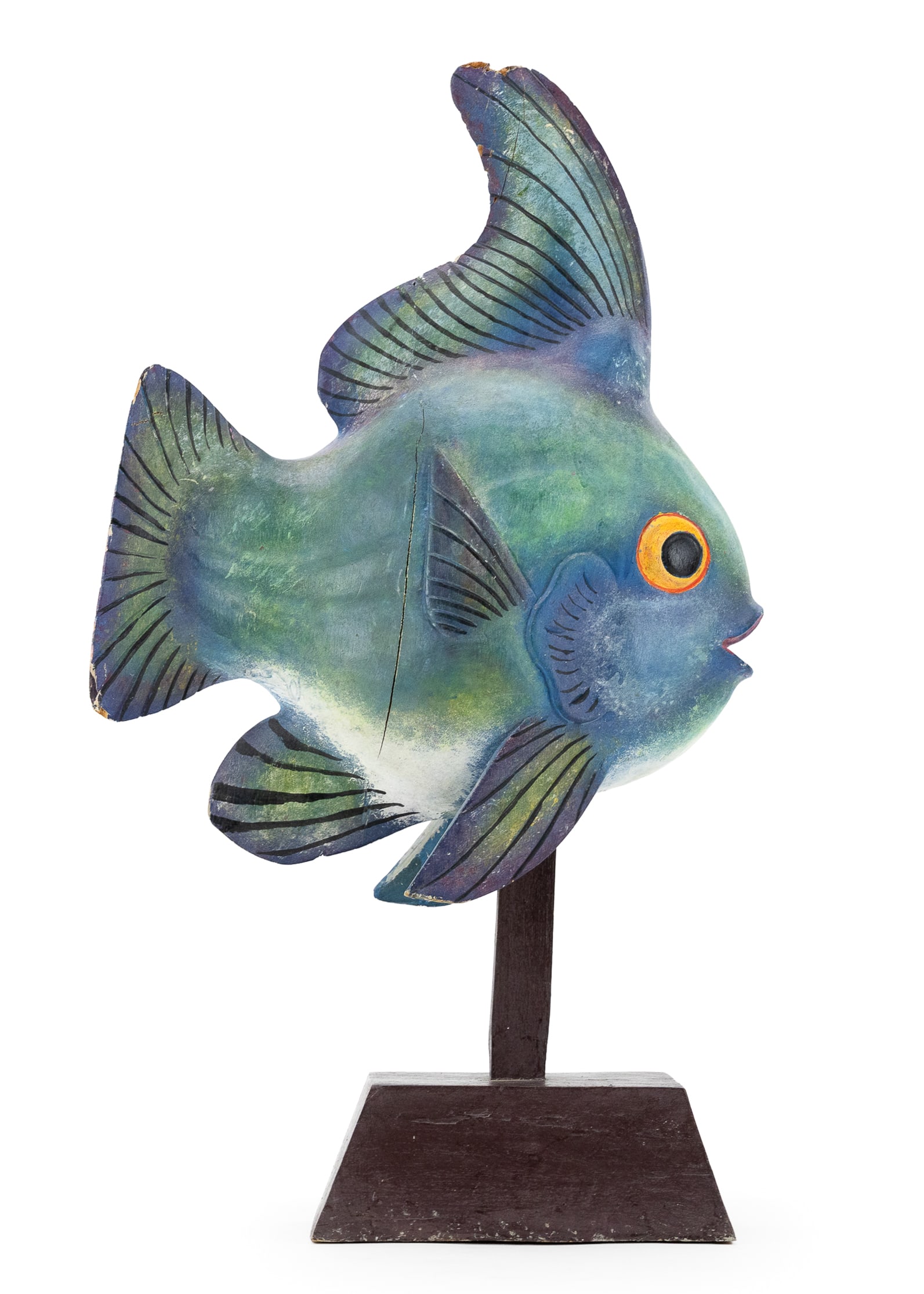 Tropical Fish Sculpture: Carved and paint decorated tropical fish wooden sculpture. 20th c. 23" h, 13" long, 5" wide at base. Wear to fins, two part body construction.