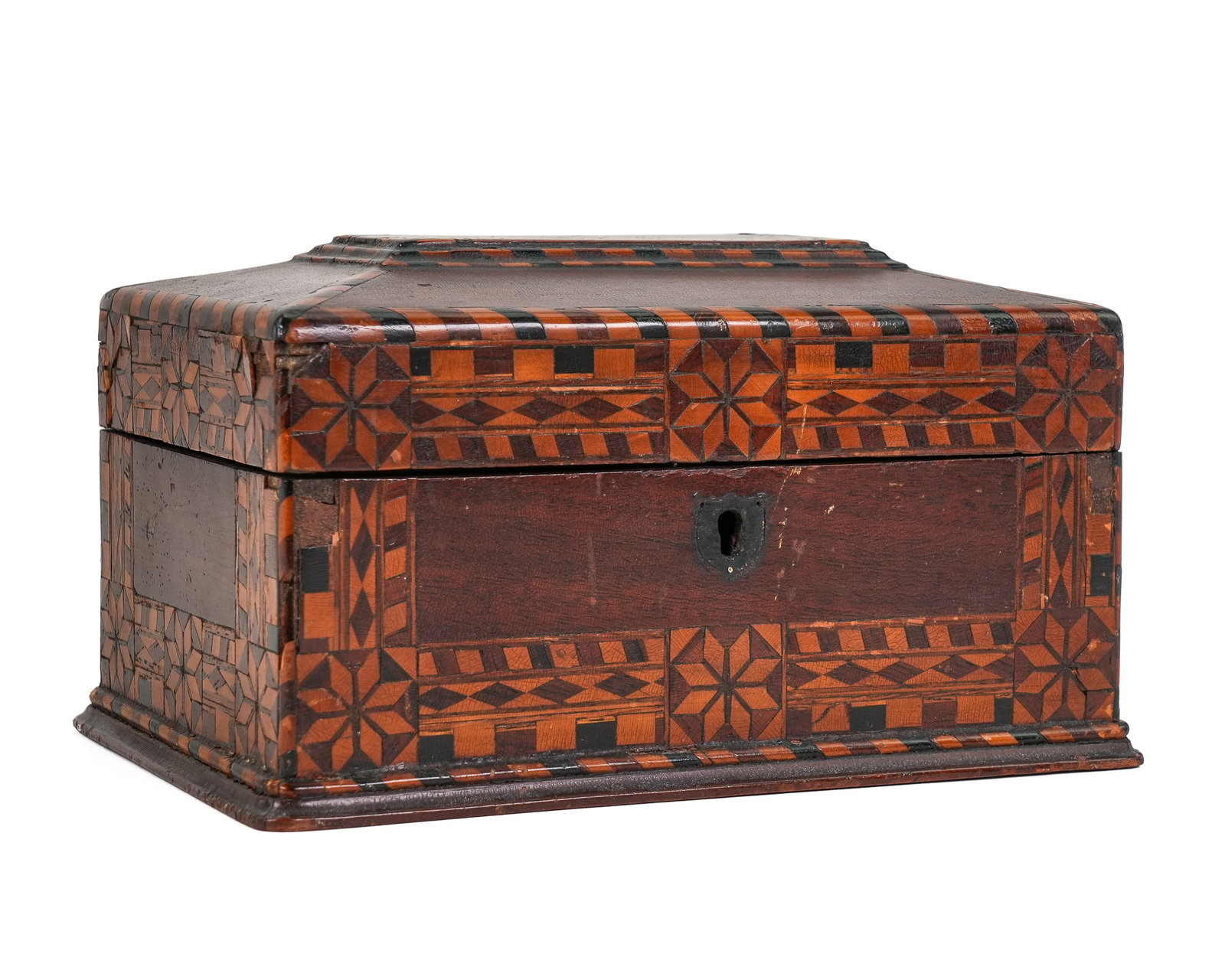 19th c Fine Inlaid Small Box: 19th c mahogany inlaid box with stars, fans, candy cane inlay. Interior with small mirror with inlaid surround and divided compartment. 7" x 5" x 4 1/2"h. Some losses, dry old surface.