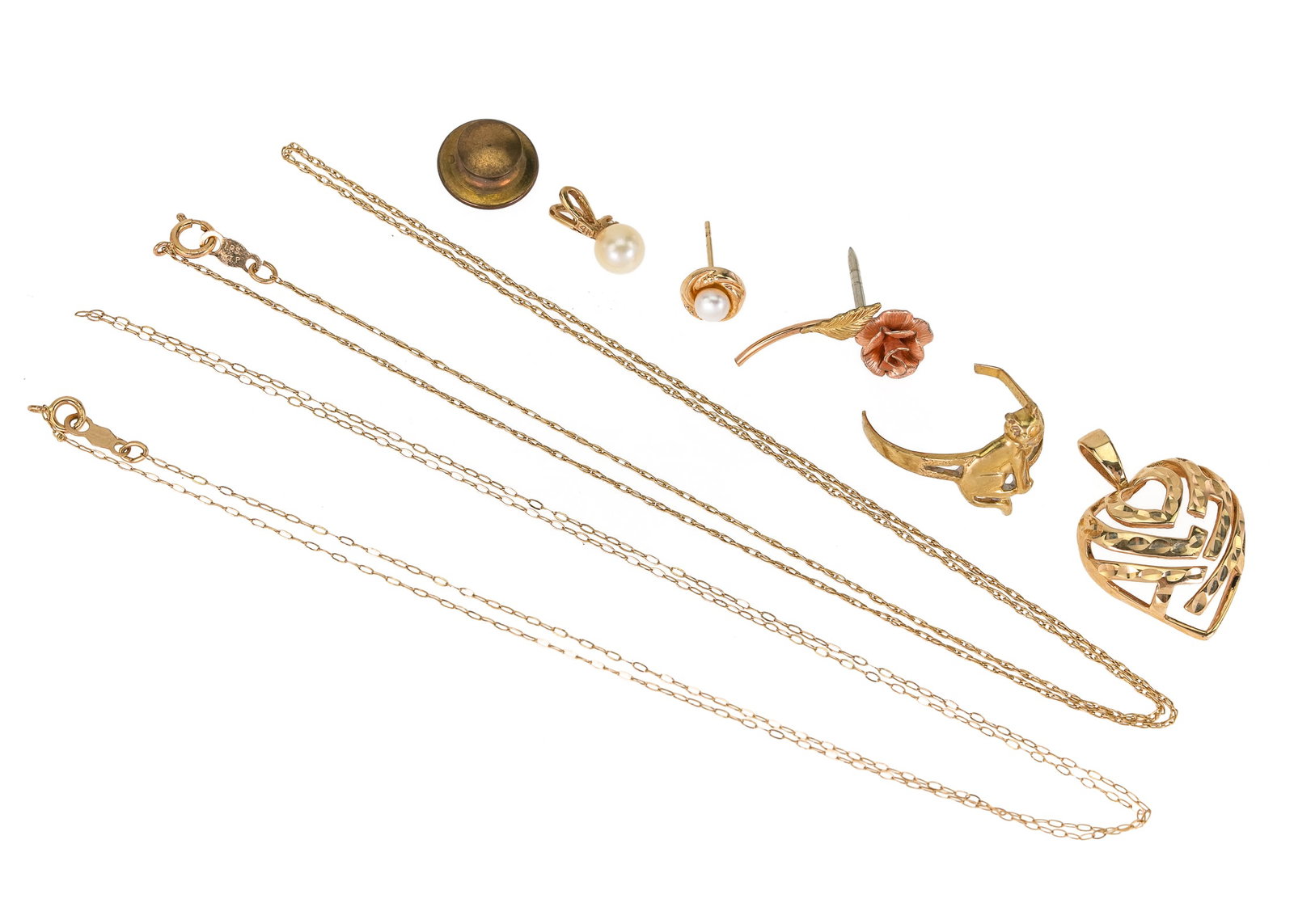 14k Jewelry: 14k yellow gold jewelry including 2 chainz, broken ring, single pearl earring, pearl pendant, floral two tone earring. 3.88 grams t.w.