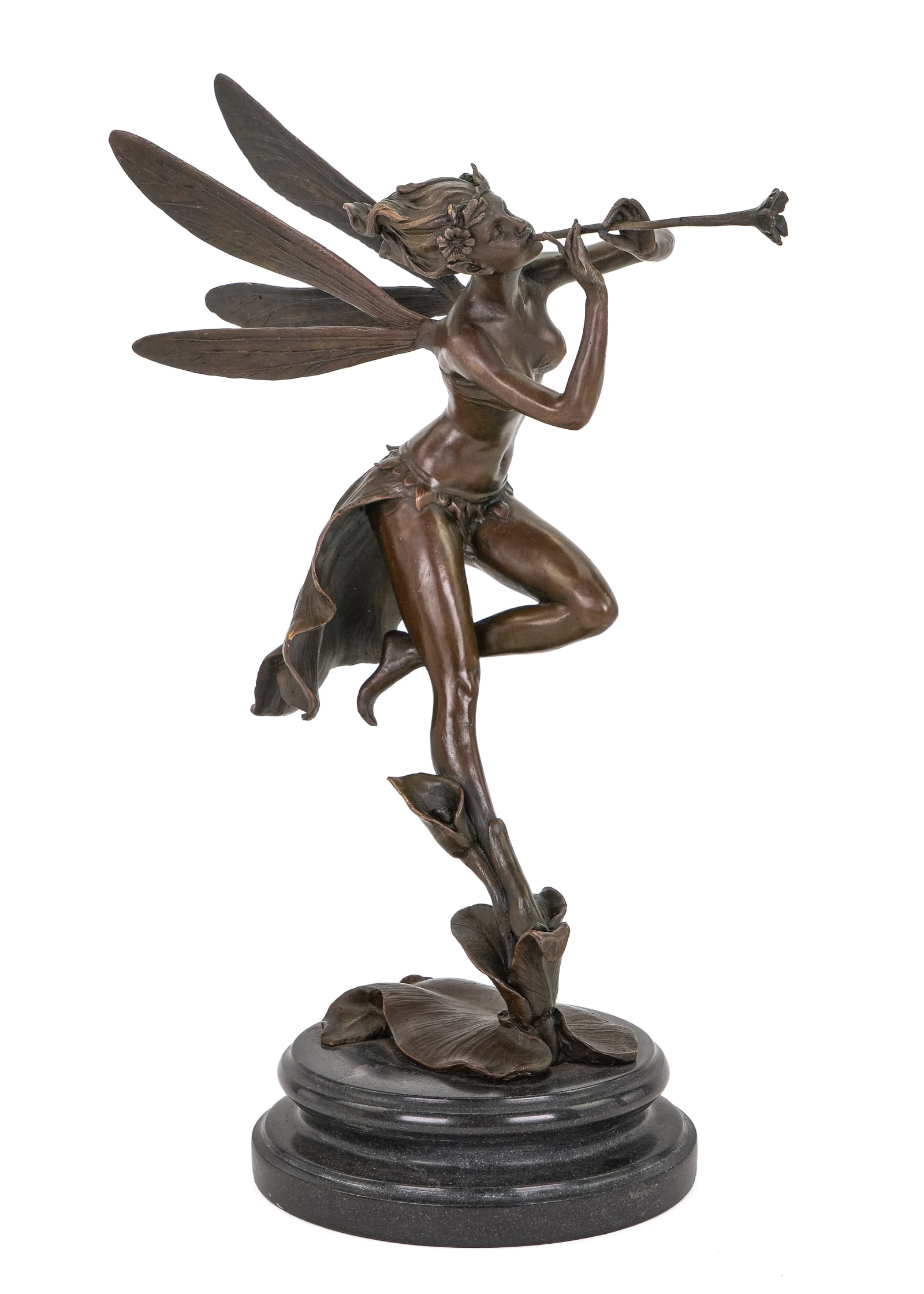 After Aldo Vitaleh (20th c) Fairy Bronze: After Aldo Vitaleh (20th c) Art deco Fairy bronze, patinated bronze on black marble base, overall ht 16" x 10" x 6"